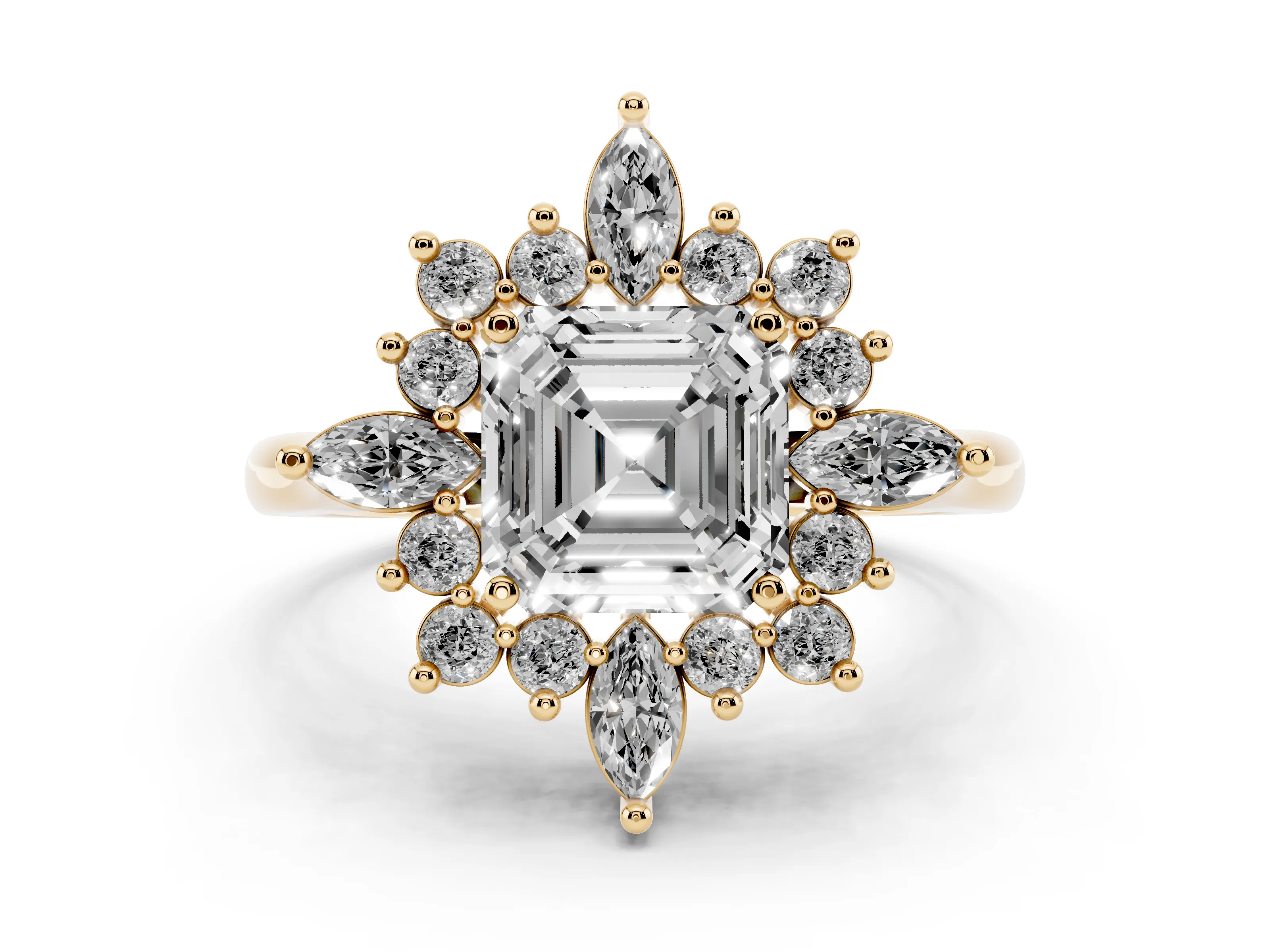 Asscher Cut Diamond Cluster Halo Ring Set in Yellow gold with Marquise and Round Accents