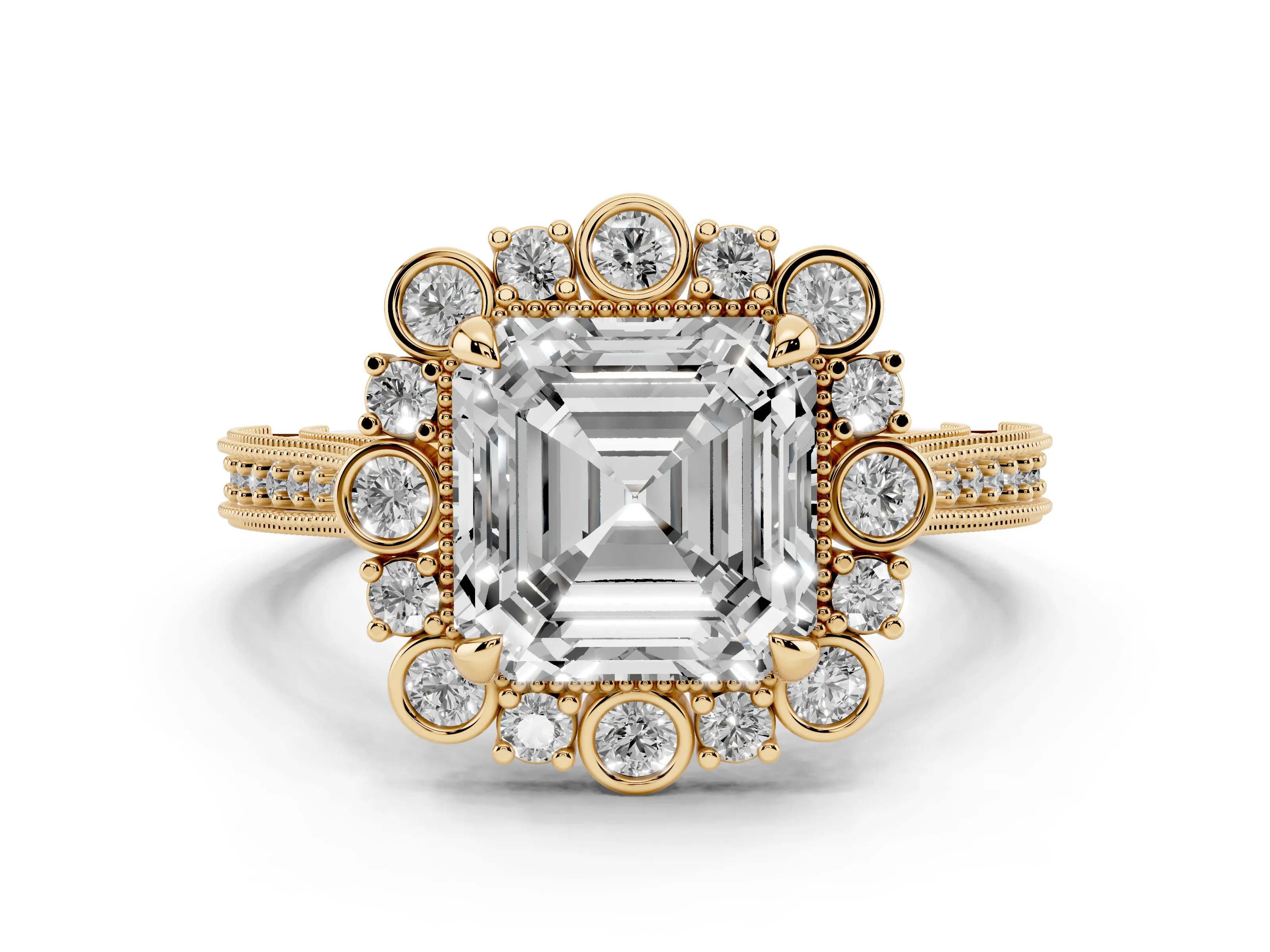 Asscher Cut Diamond Halo Milgrain Pavé Ring Set in Yellow gold with Prong Setting