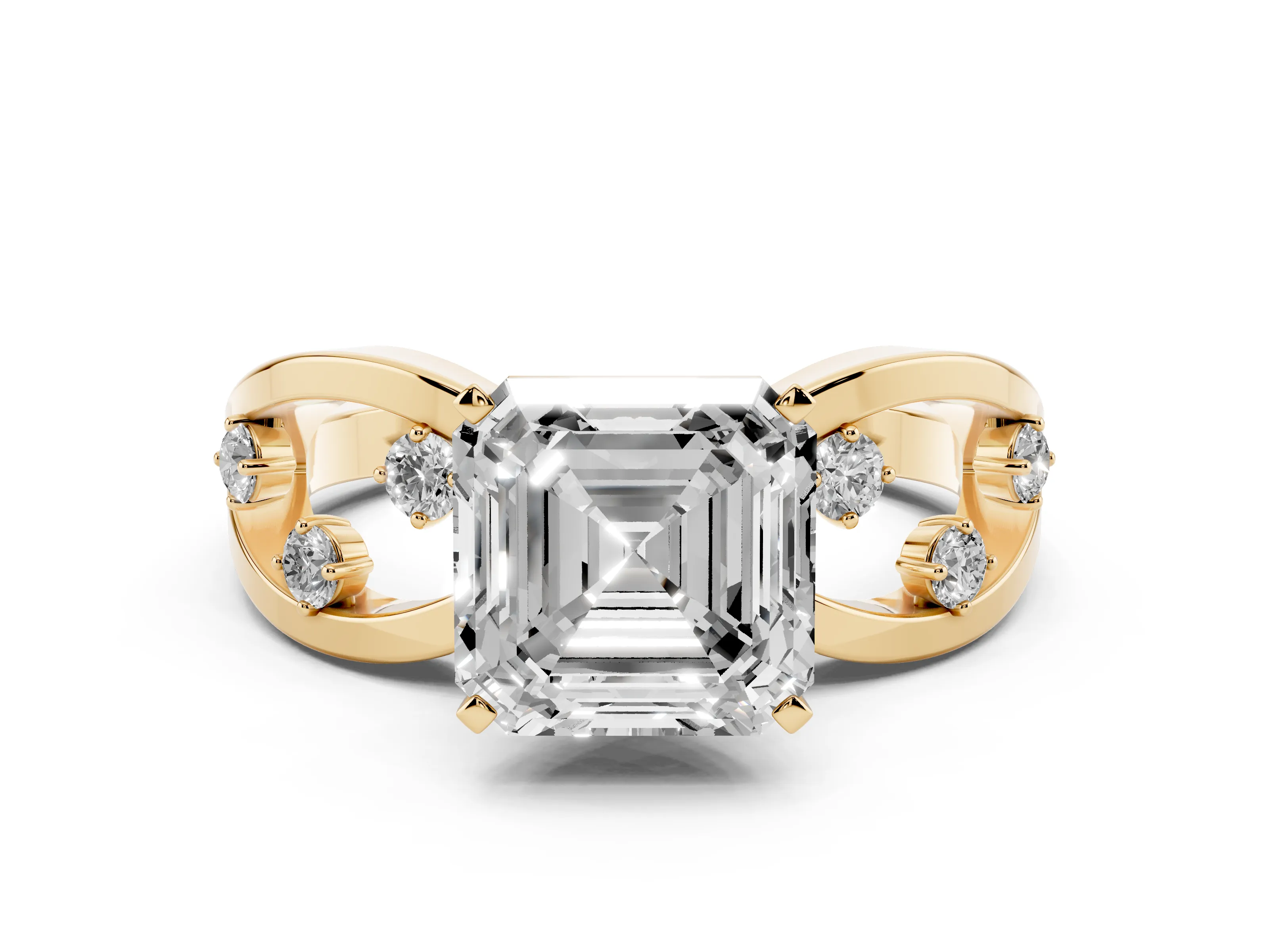 Asscher Cut Diamond Solitaire Ring Set in Yellow gold with Side Stones on Criss-Cross Band and Prong Setting