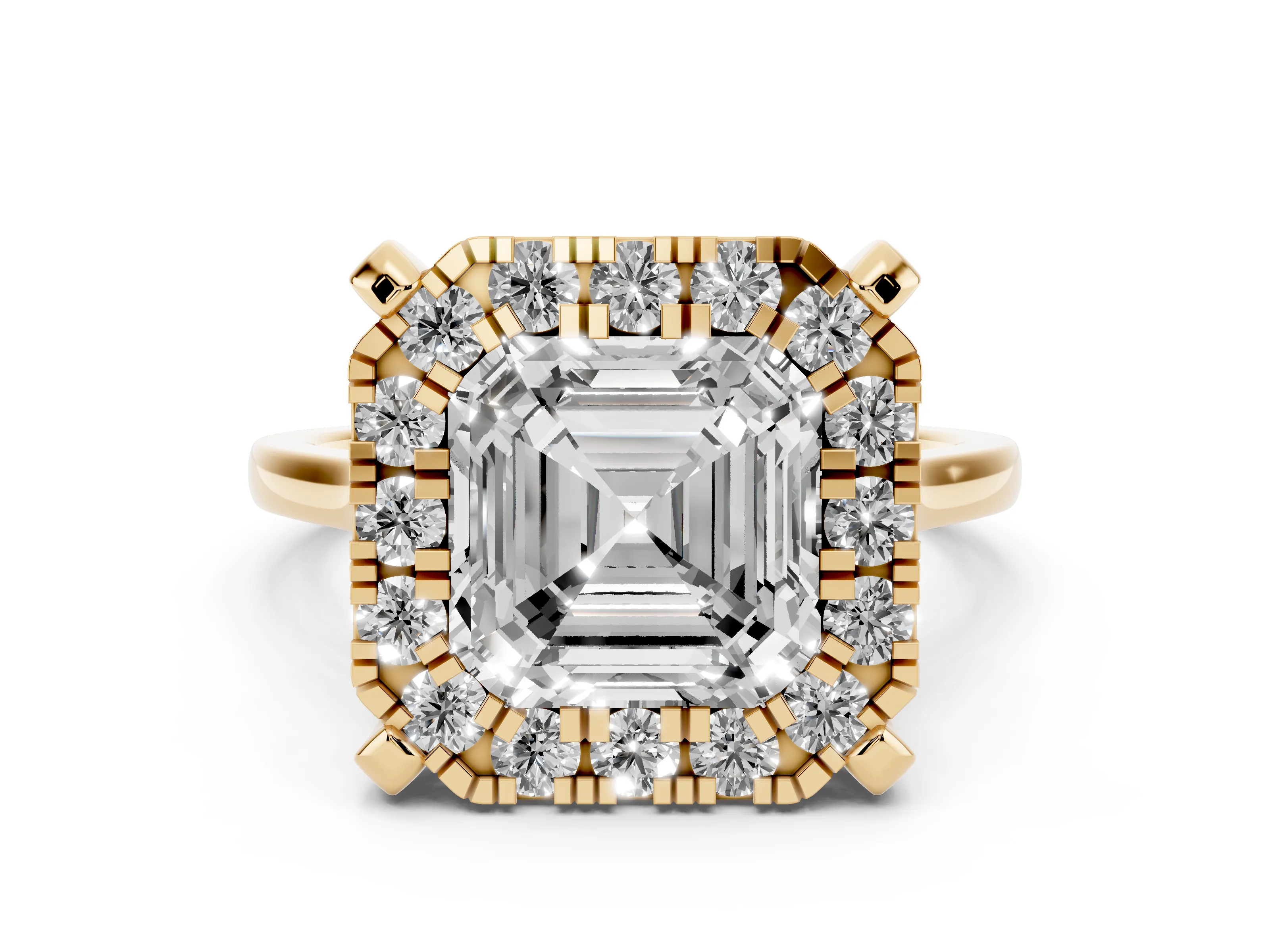 Asscher Cut Diamond Cluster Halo Solitaire Ring Set in Yellow gold with Prong Setting
