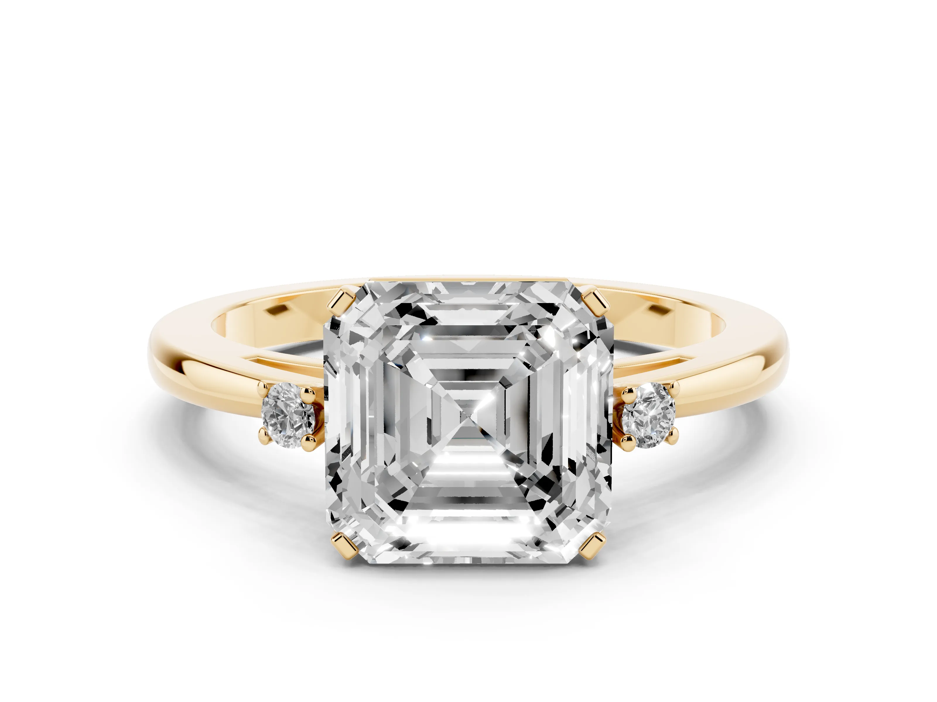 Three-Stone Asscher Cut Diamond Solitaire Ring Set in Yellow gold with Round Accent Stones and Prong Setting
