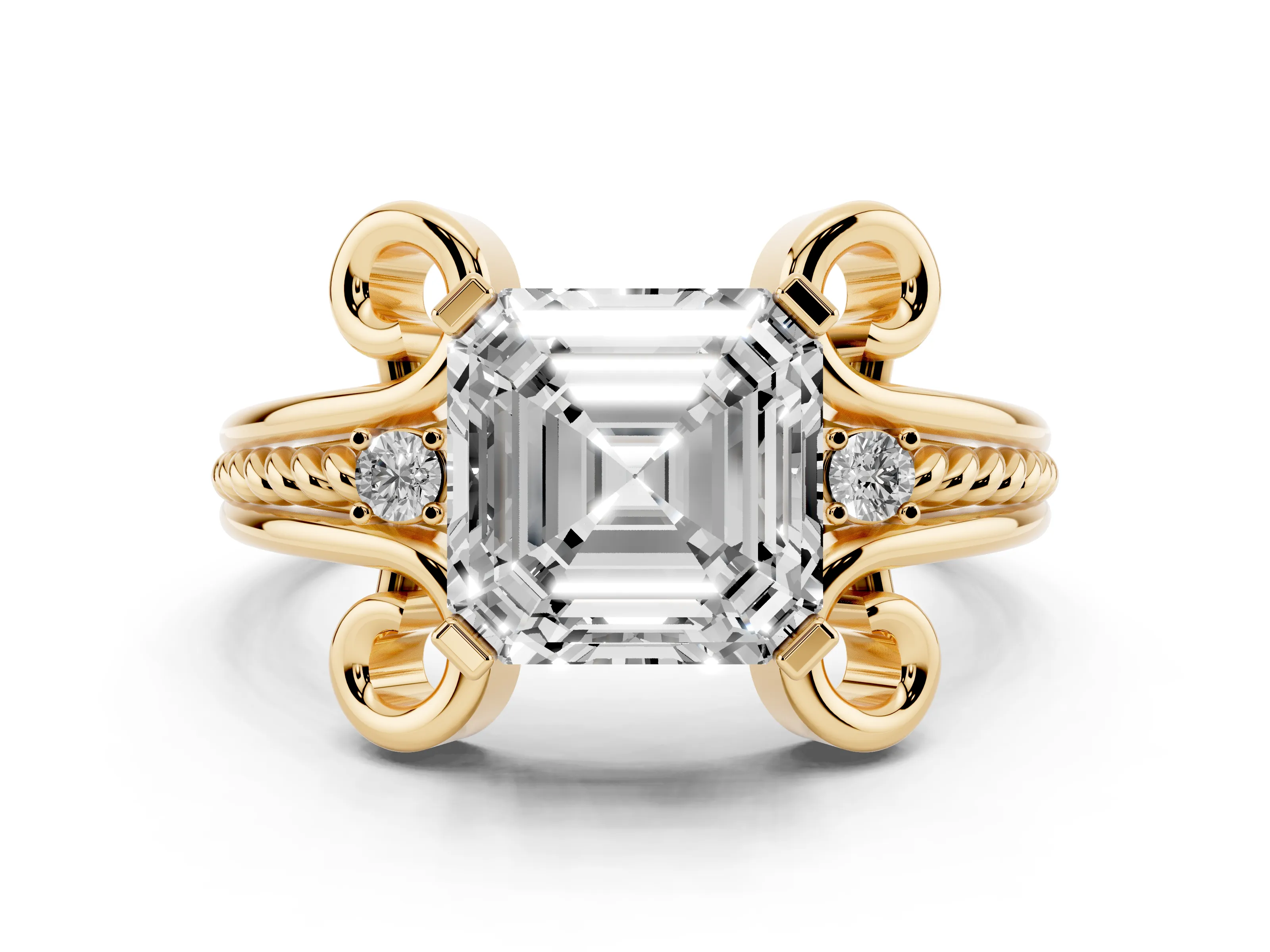 Asscher Cut Diamond Twisted Band Solitaire Ring Set in Yellow gold with Scroll Prongs