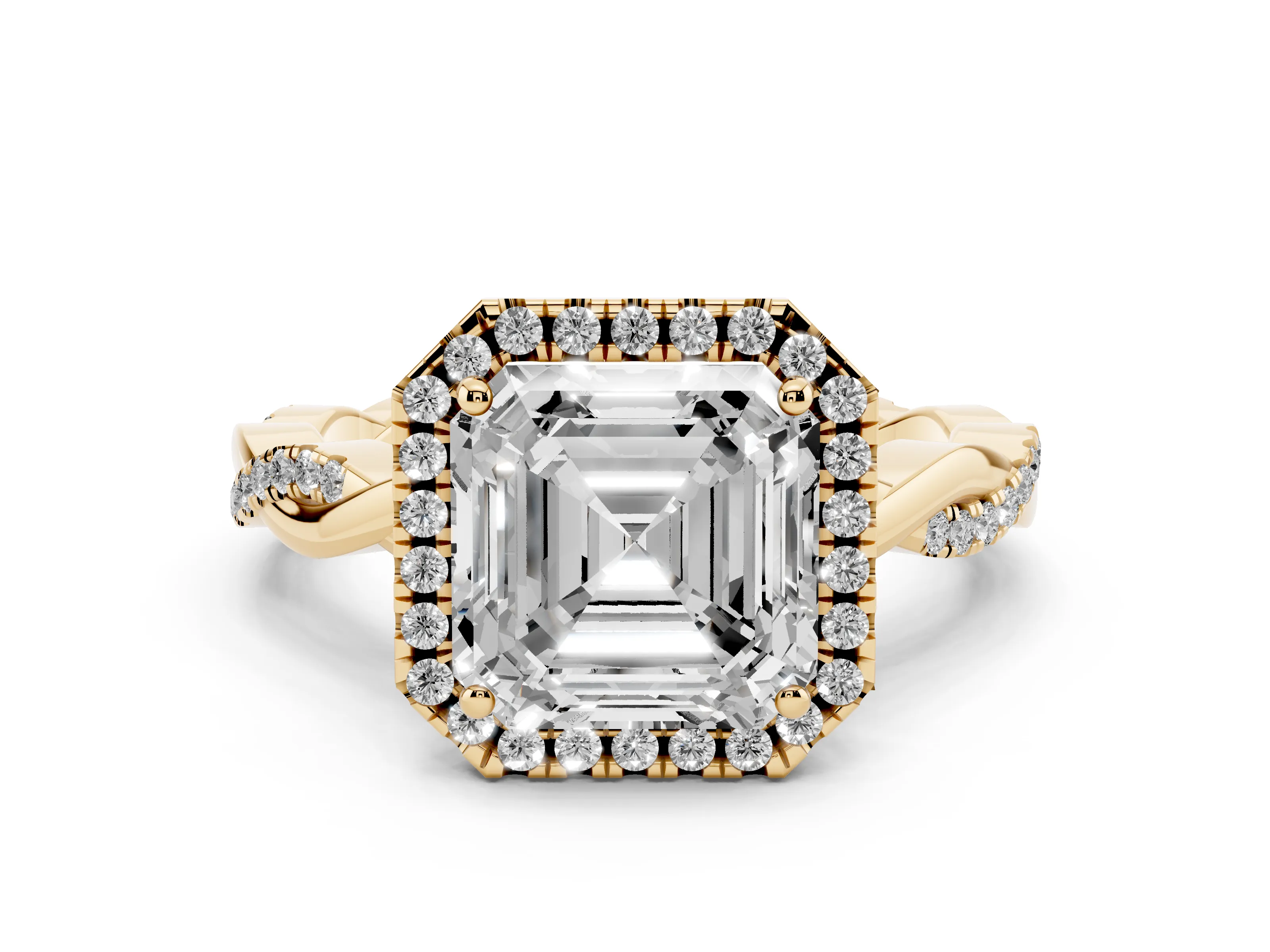 Asscher Cut Diamond Halo Twisted Band Ring Set in Yellow gold with Prong Setting