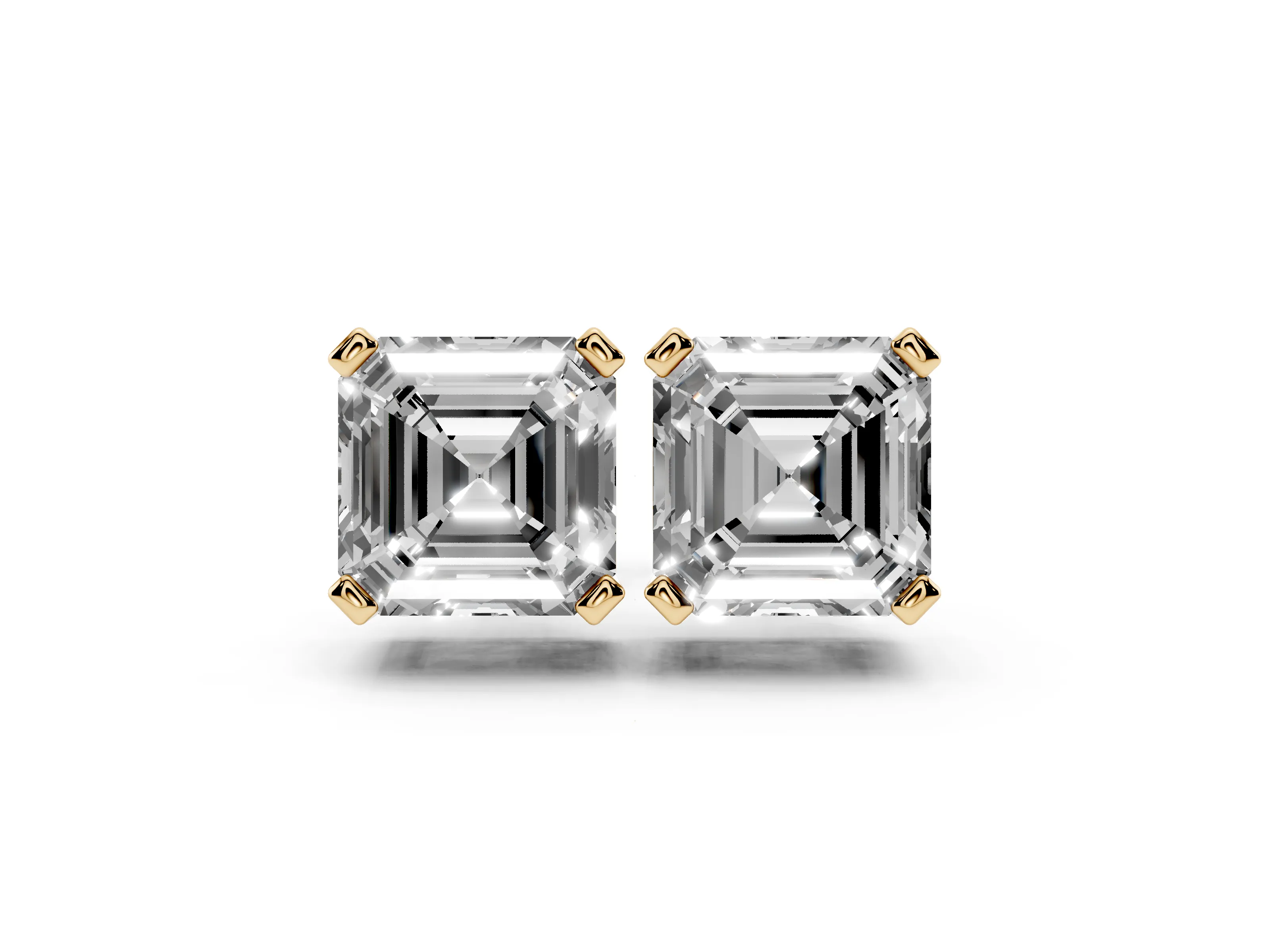 Asscher Cut Diamond Solitaire Stud Earrings Set in Yellow gold with Basket Setting
