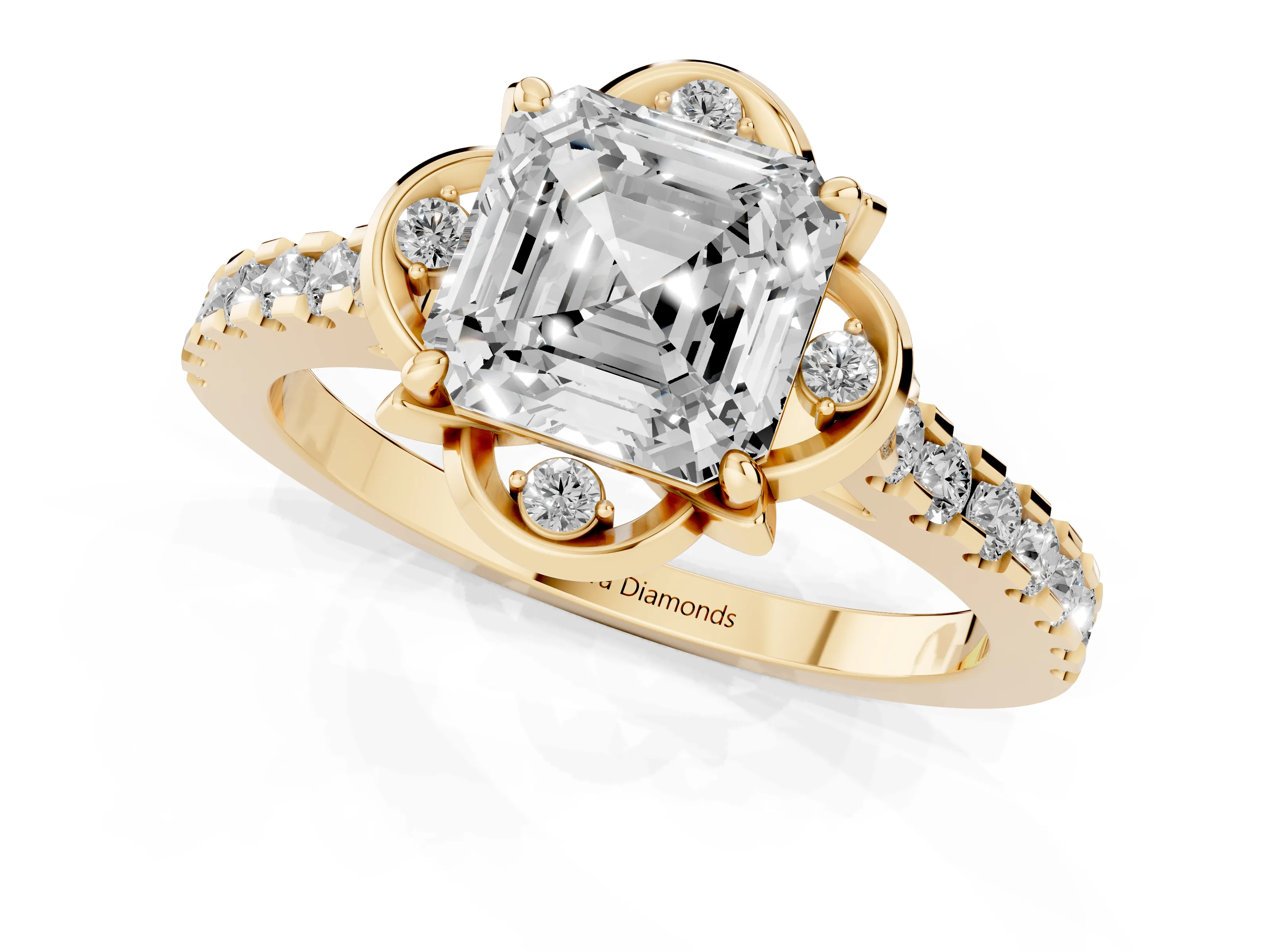 Asscher Cut Diamond Solitaire Ring Set in Yellow gold with Pavé Band and Floral Prong Setting – second view
