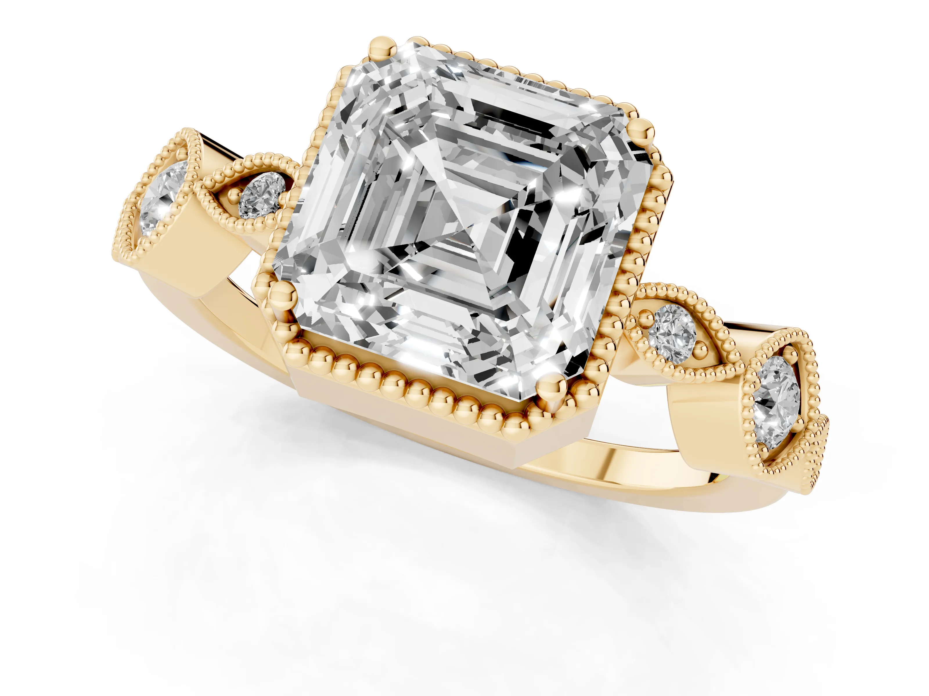 Asscher Cut Diamond Vintage-Inspired Milgrain Ring Set in Yellow gold with Marquise Stations of Round Accents