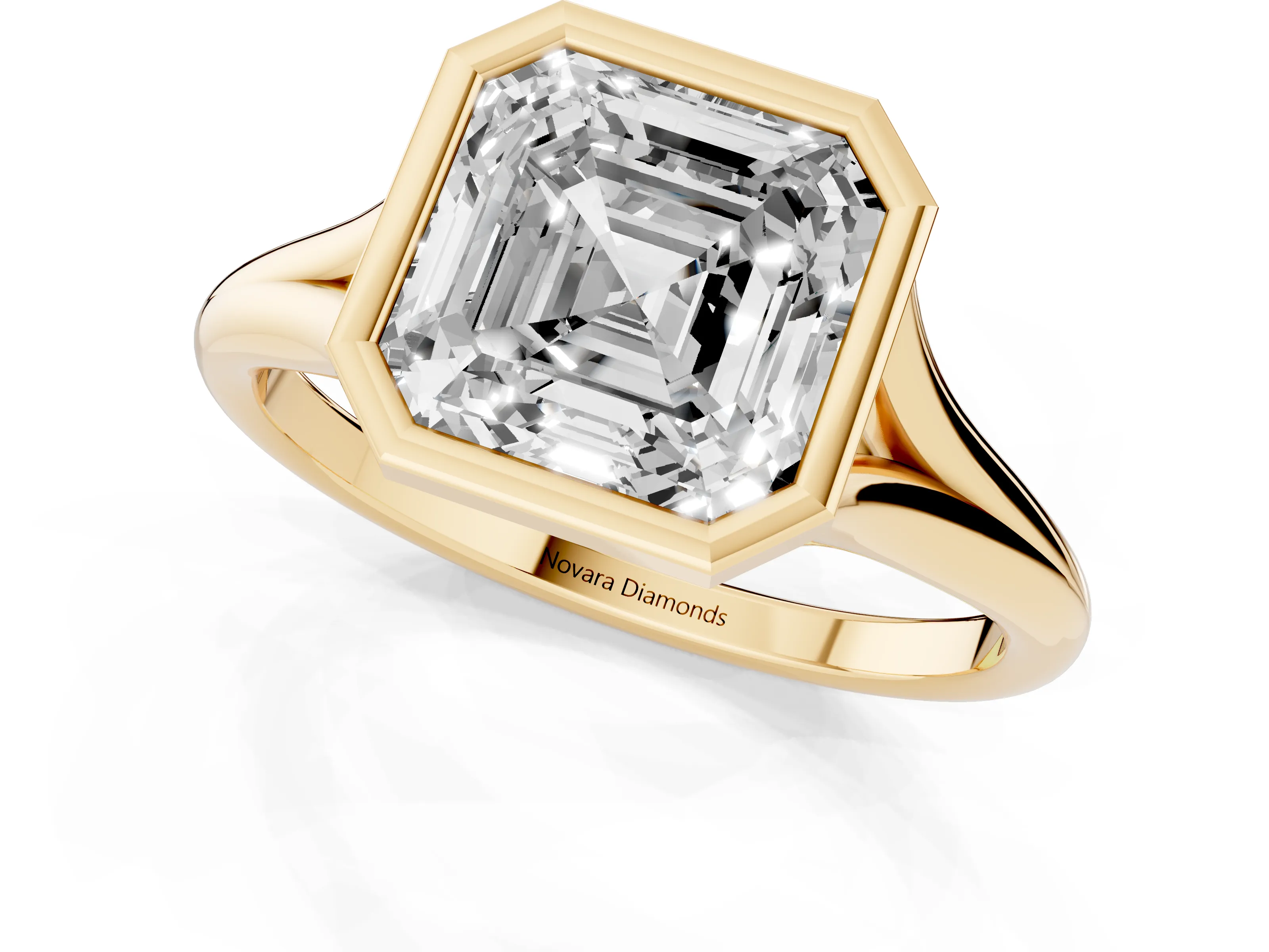 Bezel Set Asscher Cut Diamond Solitaire Ring Set in Yellow gold with Tapered Band