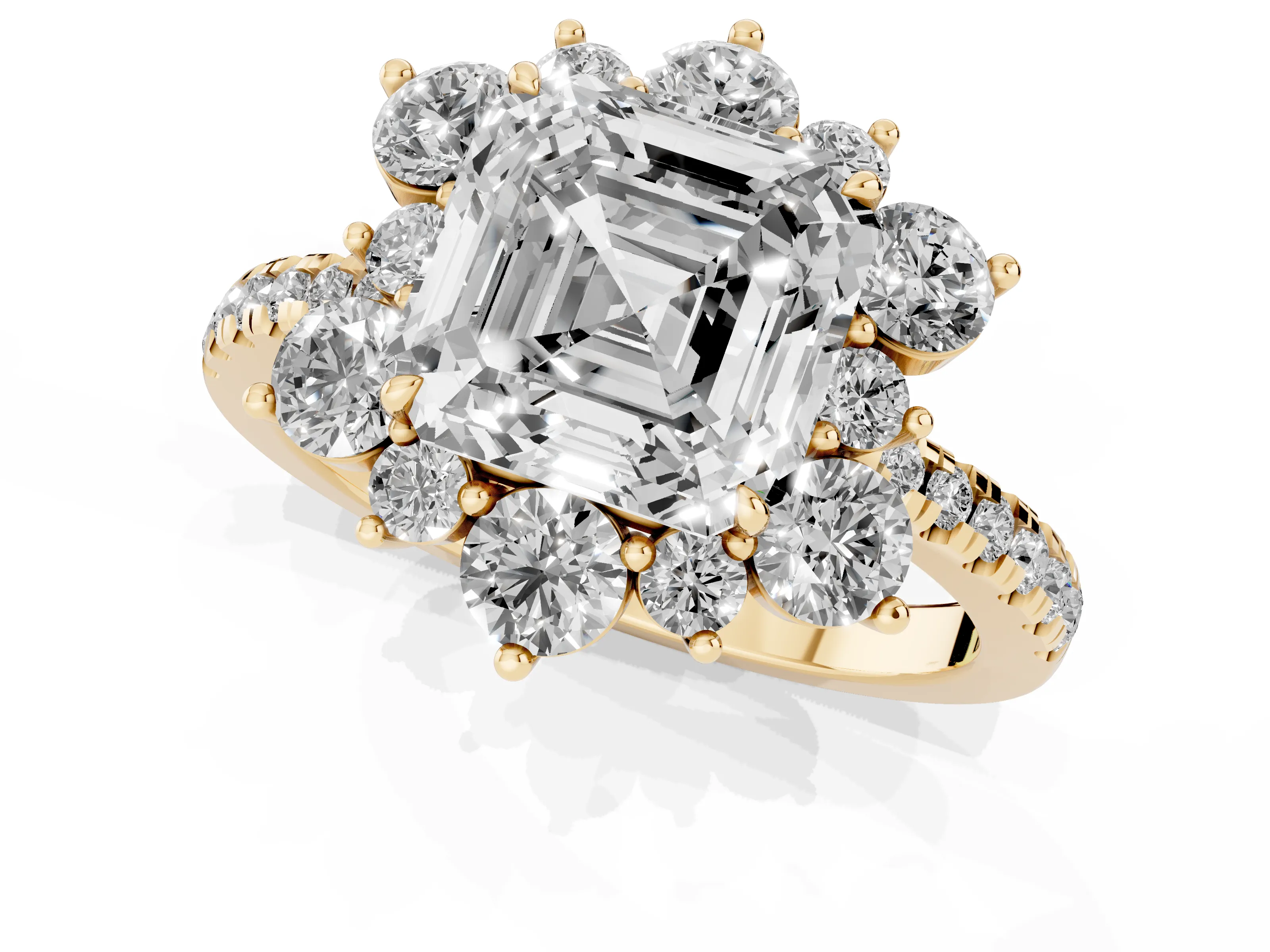 Asscher Cut Diamond Floral Halo Ring Set in Yellow gold with Round Pavé Band and Prong Setting