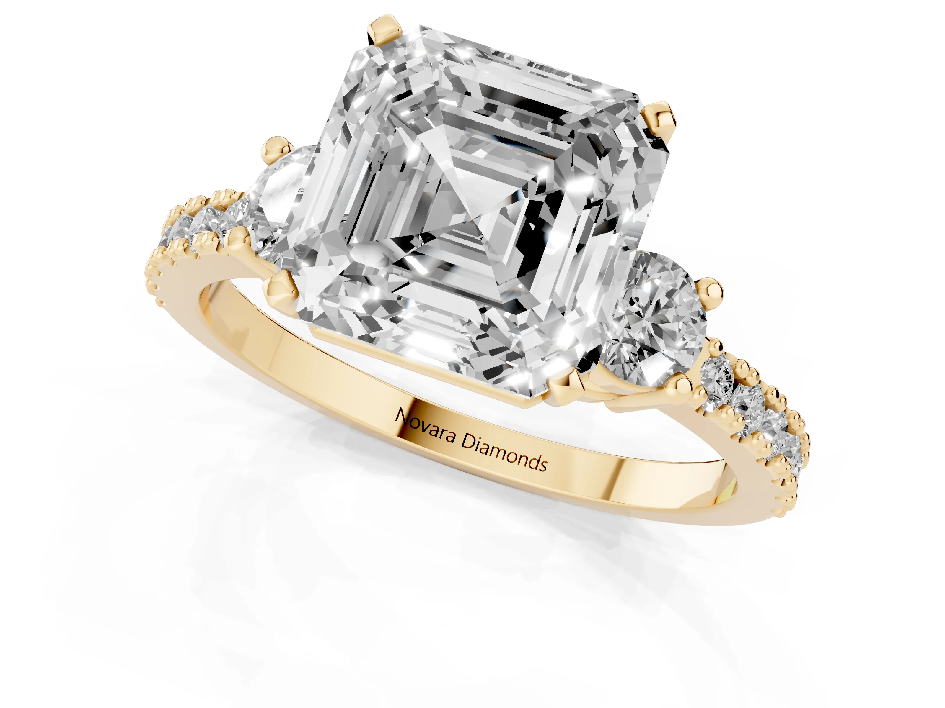 Three-Stone Asscher Cut Diamond Pavé Band Ring Set in Yellow gold with Prong Setting