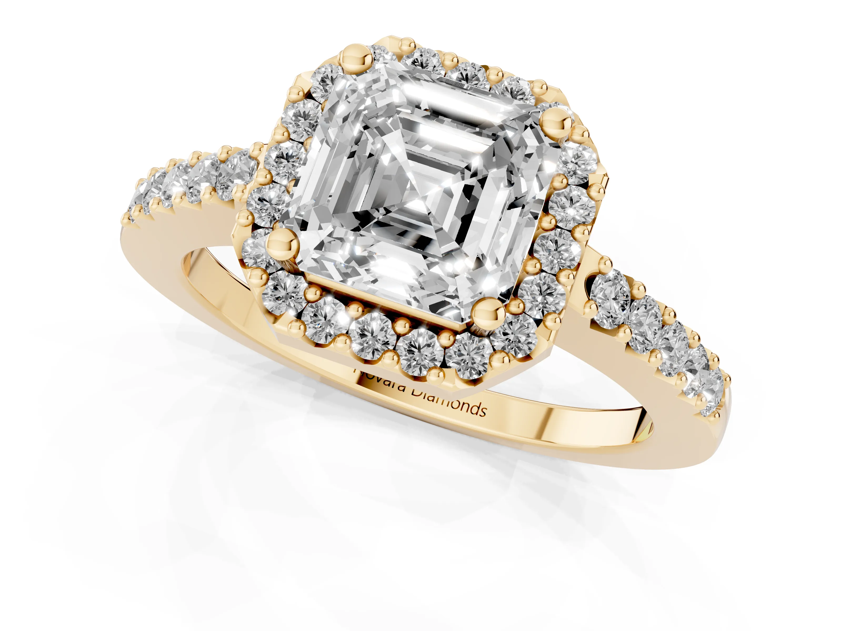Asscher Cut Diamond Halo Pavé Solitaire Ring Set in Yellow gold with Prong-Set Center Stone