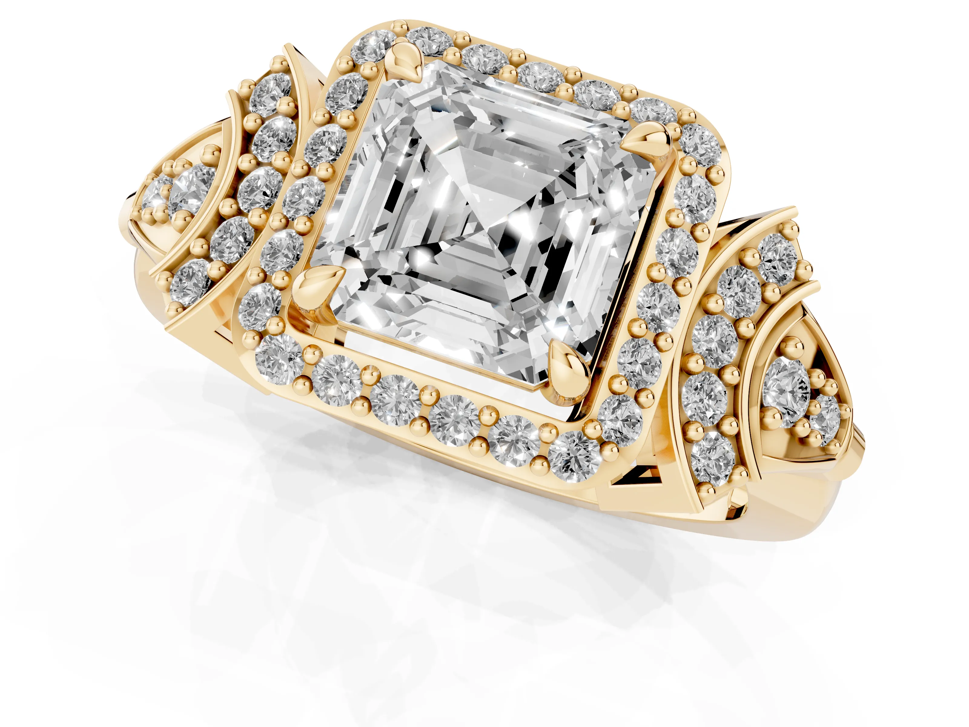 Asscher Cut Diamond Halo Engagement Ring Set in Yellow gold with Accent Stone Split Shank