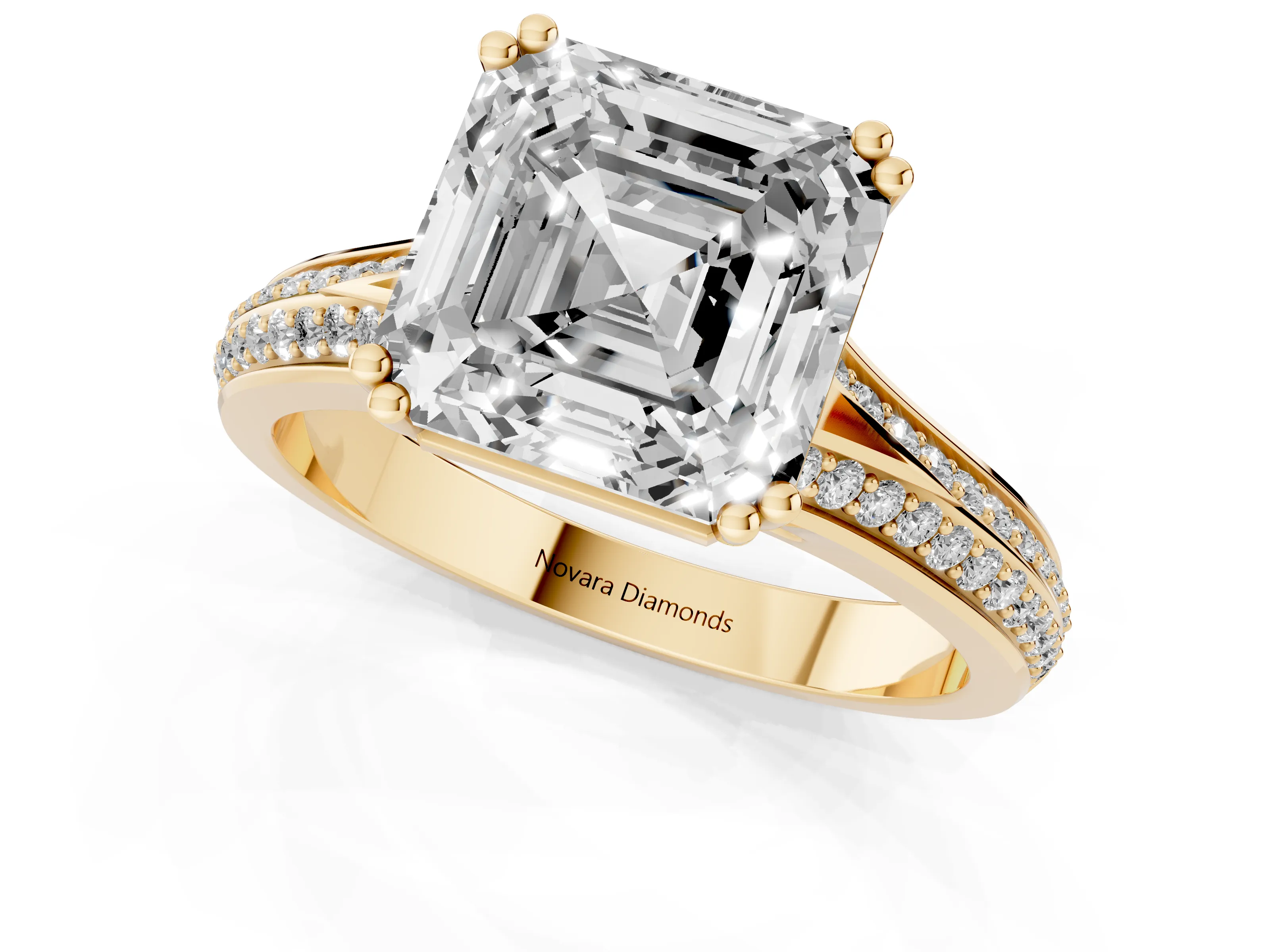 Asscher Cut Diamond Split Shank Pavé Engagement Ring Set in Yellow gold with Prong-Set Center Stone