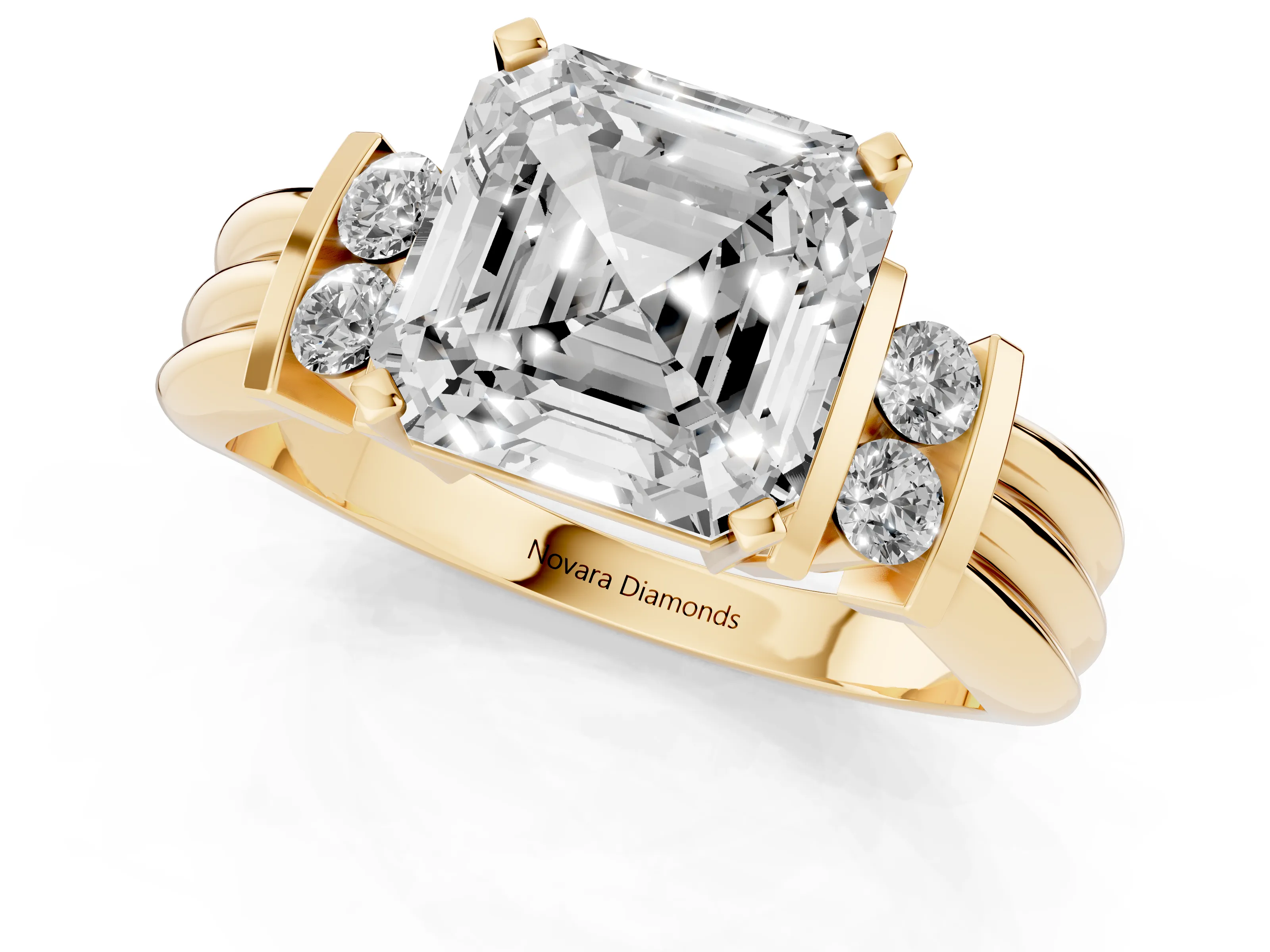 Three-Stone Asscher Cut Diamond Channel Set Ring Set in Yellow gold with Bar Prongs