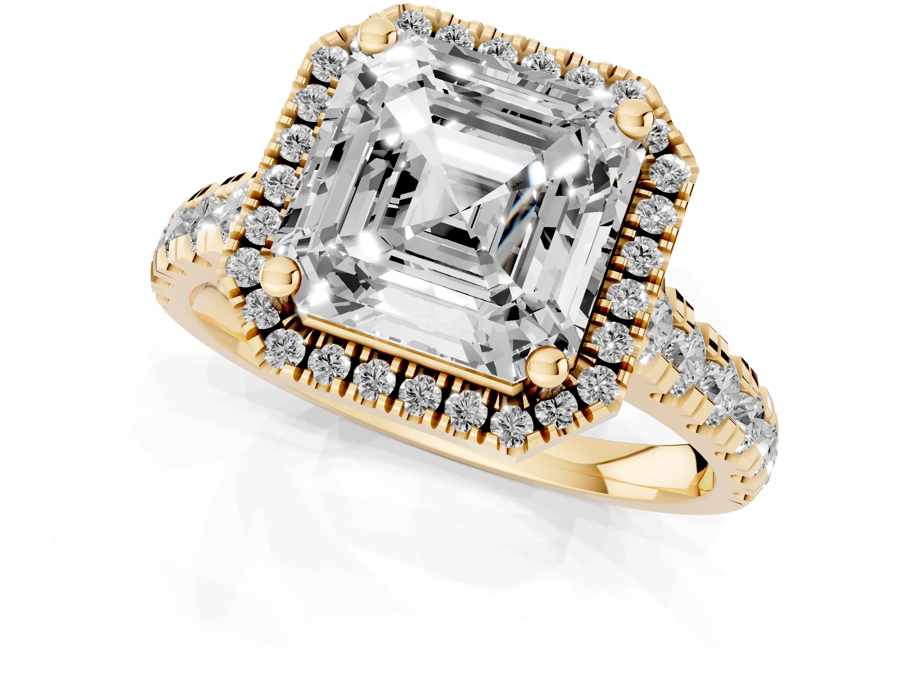 Asscher Cut Diamond Halo Engagement Ring Set in Yellow gold with Pavé Band and Prong-Set Center