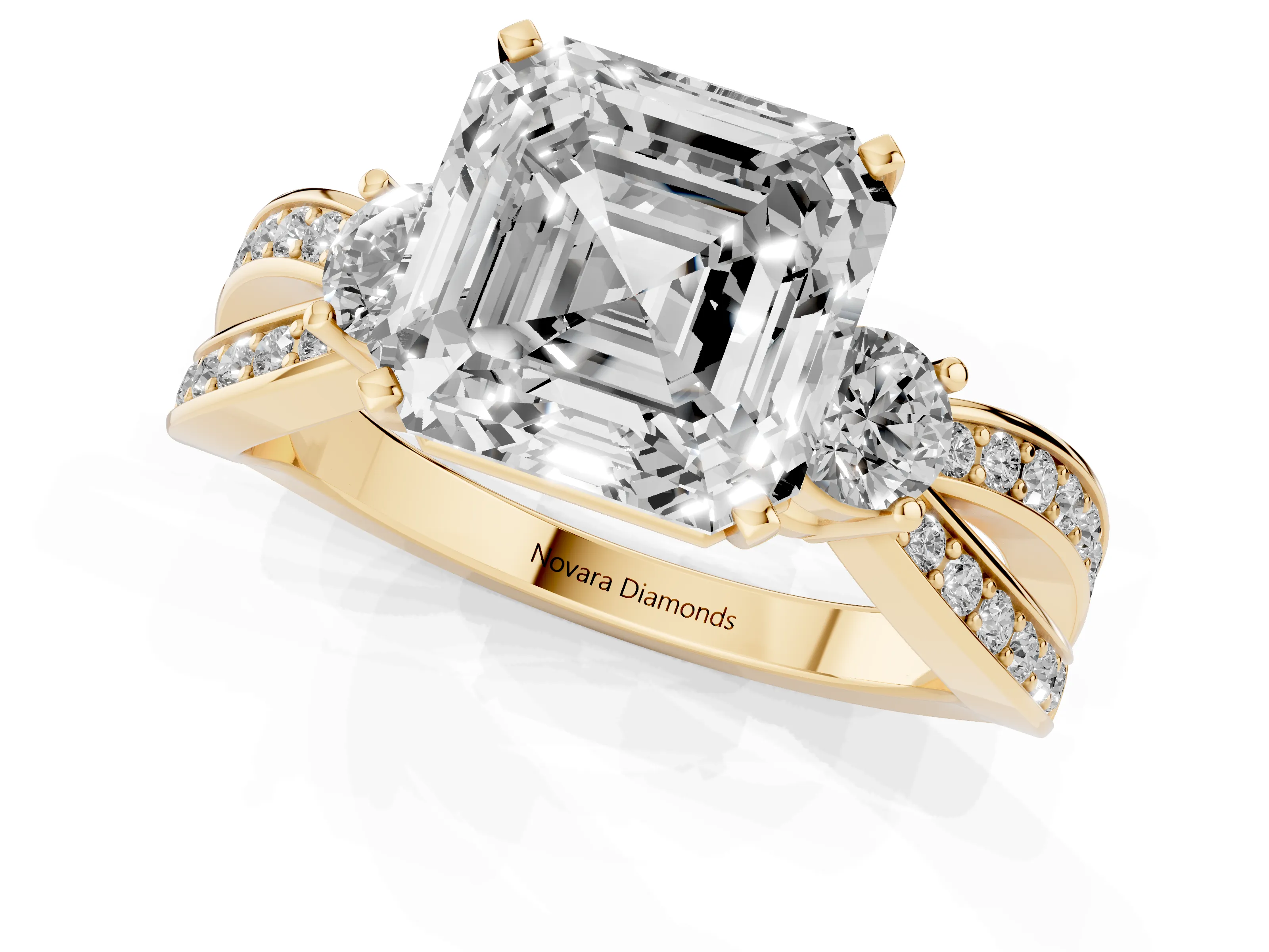 Three-Stone Asscher Cut Diamond Twist Band Ring Set in Yellow gold with Pavé Accents and Prong Setting