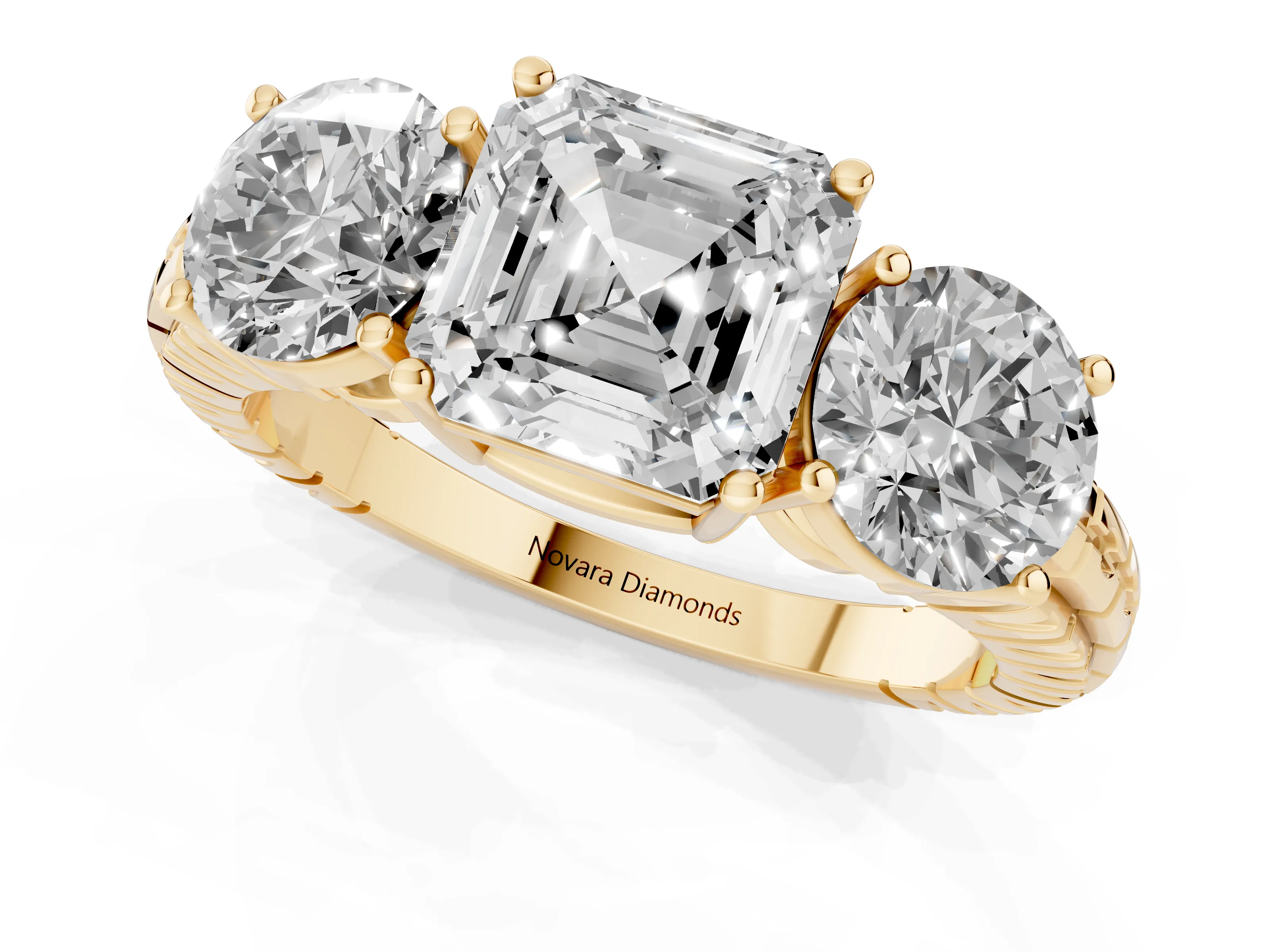 Asscher Cut Diamond Three-Stone Ring Set in Yellow gold with Channel-Set Accent Band