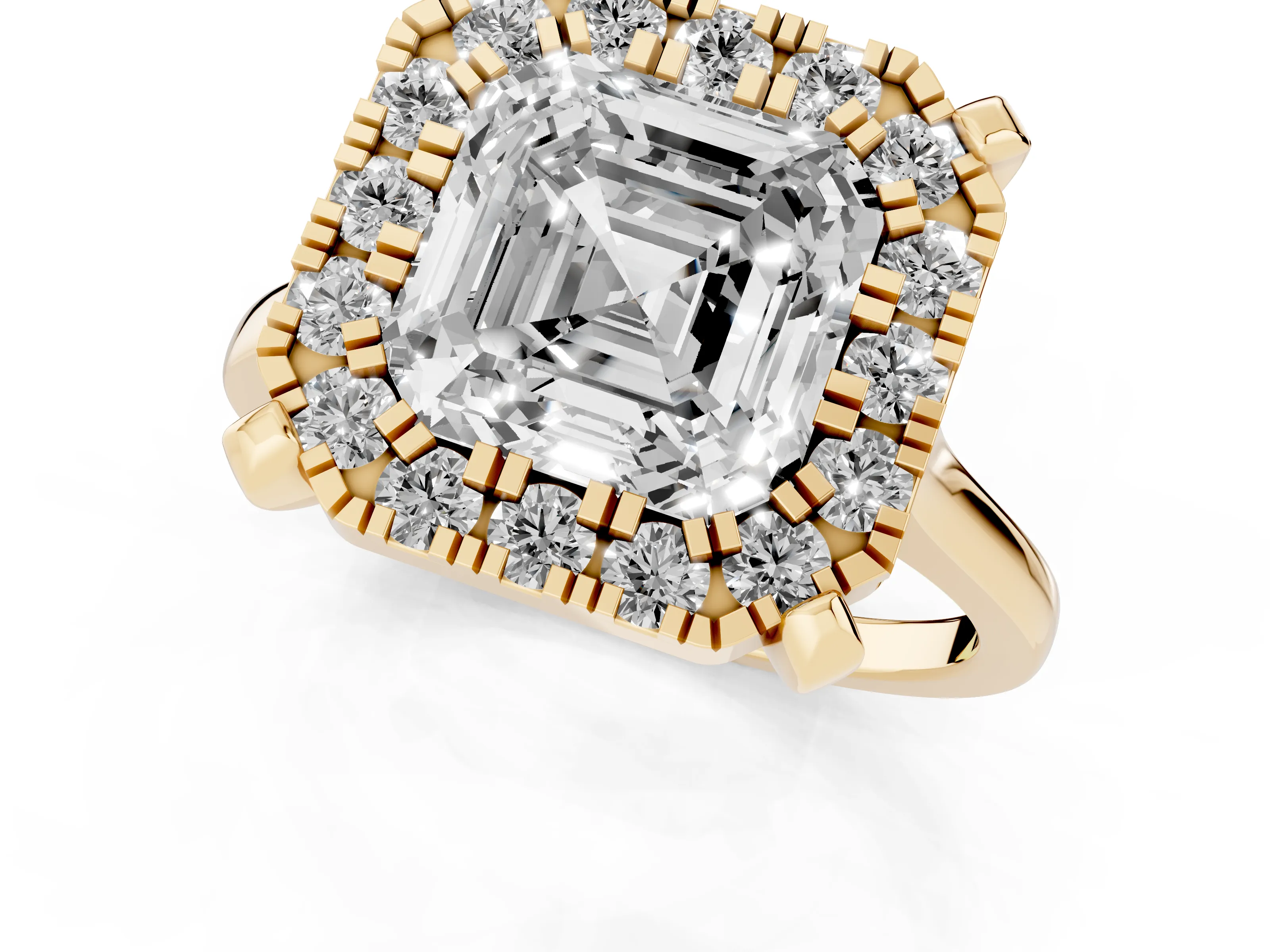 Asscher Cut Diamond Cluster Halo Solitaire Ring Set in Yellow gold with Prong Setting – second view