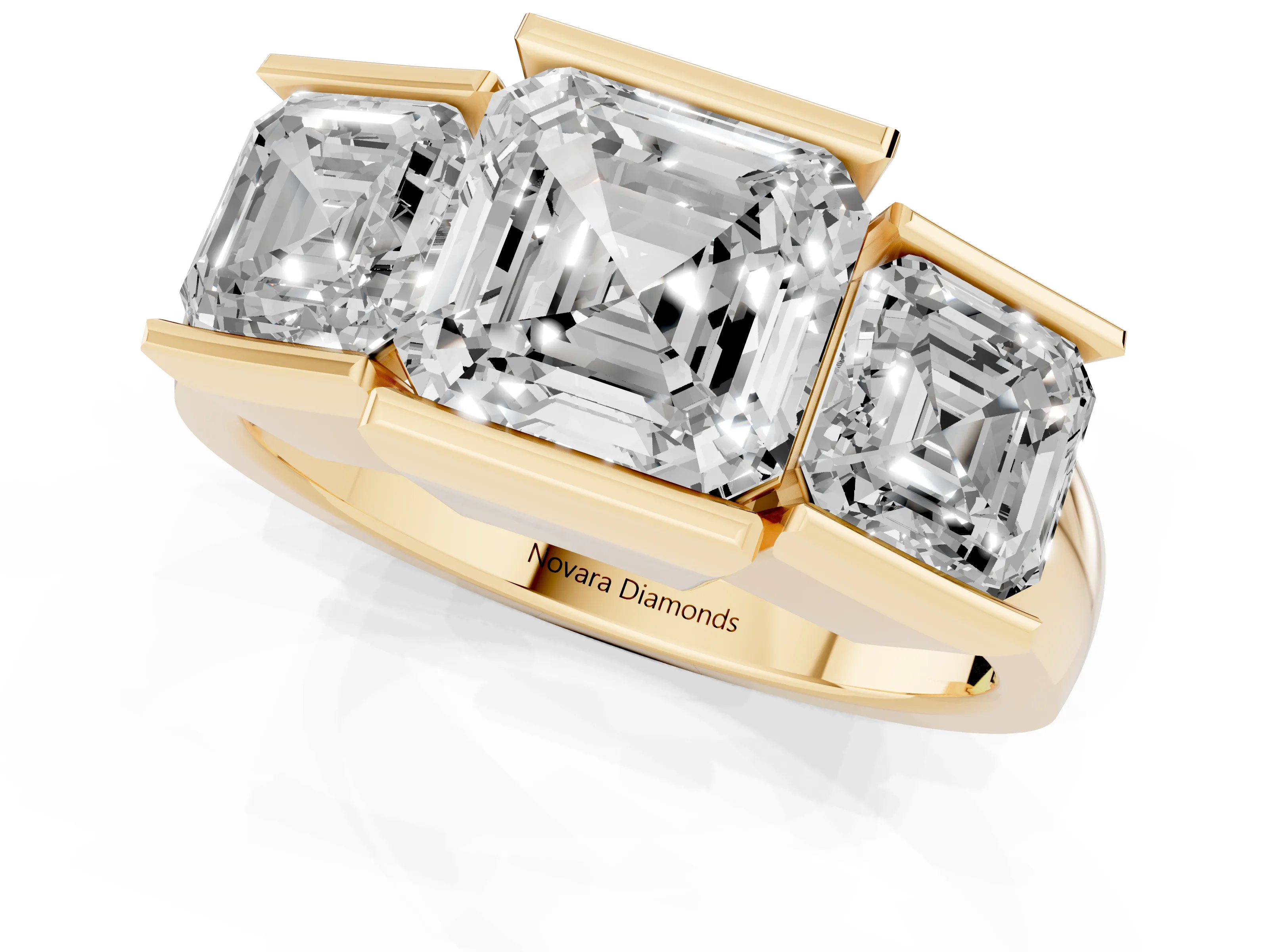 Asscher Cut Diamond Three-Stone Channel Set Ring Set in Yellow gold with Smooth Polished Band