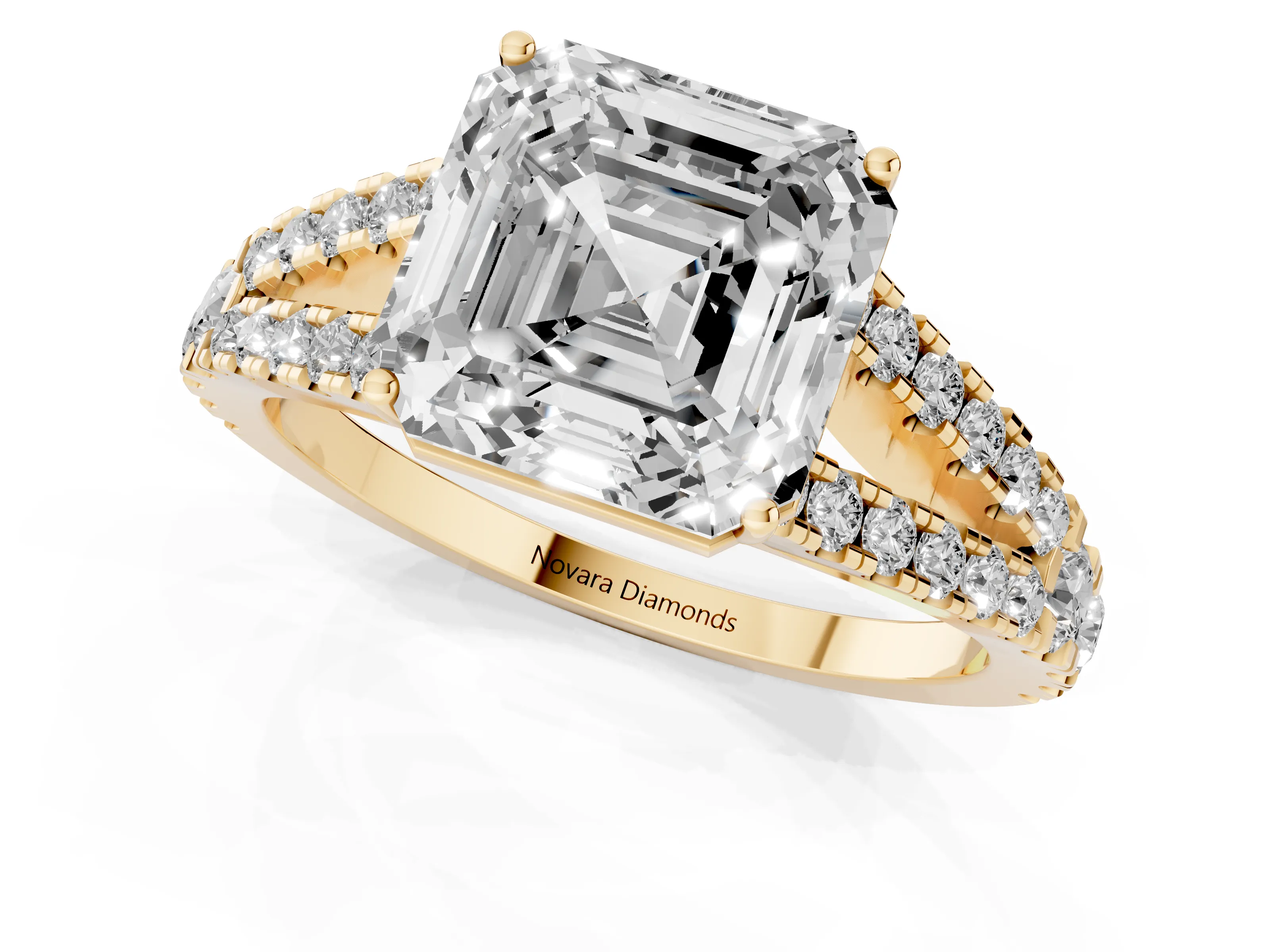 Asscher Cut Diamond Split Shank Pavé Engagement Ring Set in Yellow gold with Prong-Held Center Stone – second view