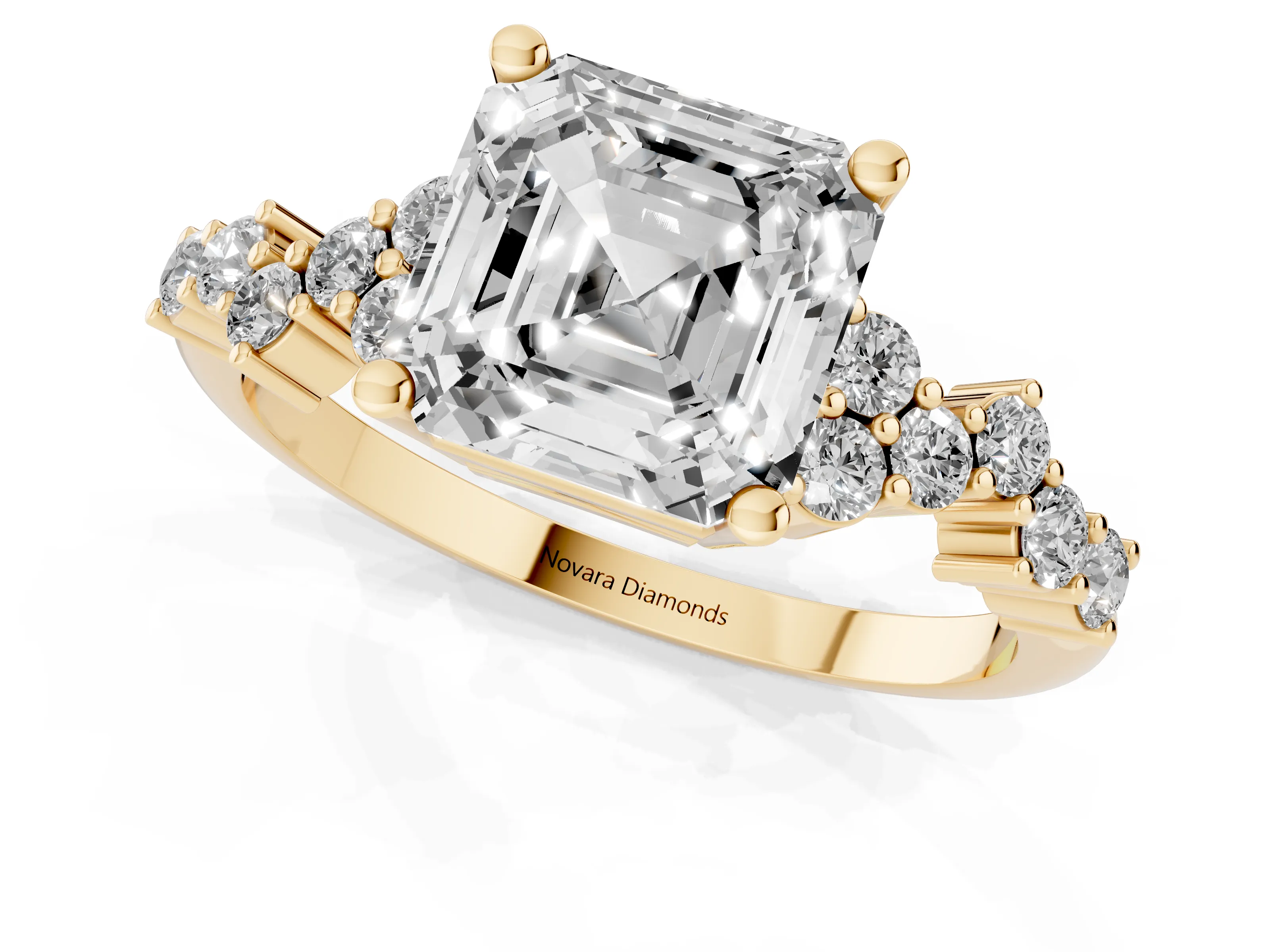 Asscher Cut Diamond Ring Set in Yellow gold with Scattered Round Accents