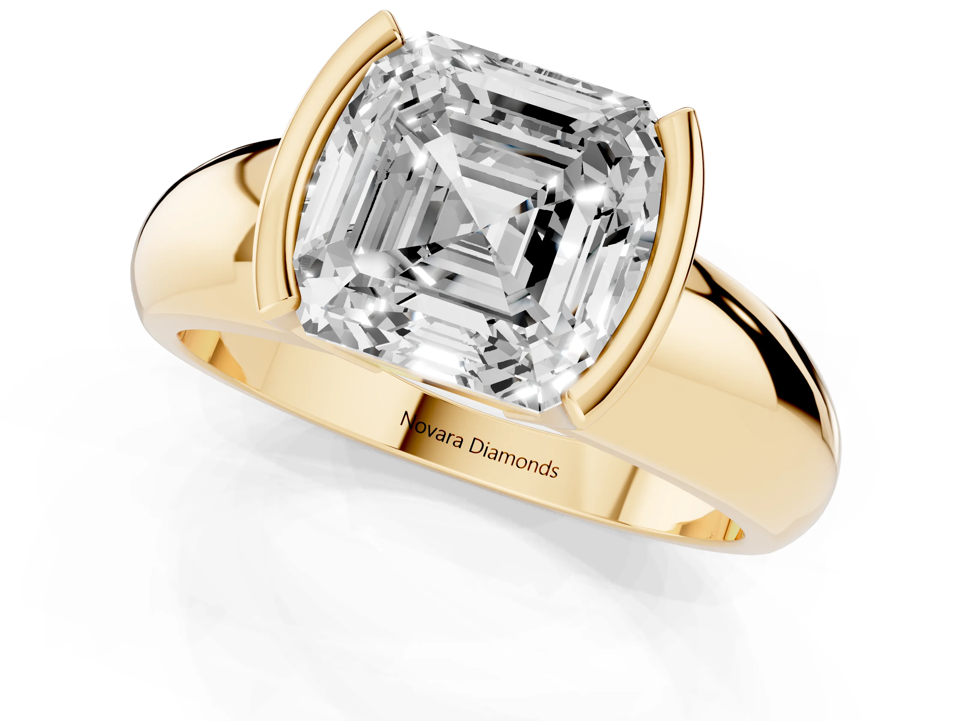 Asscher Cut Diamond Solitaire Tension Set Ring Set in Yellow gold with Wide Band