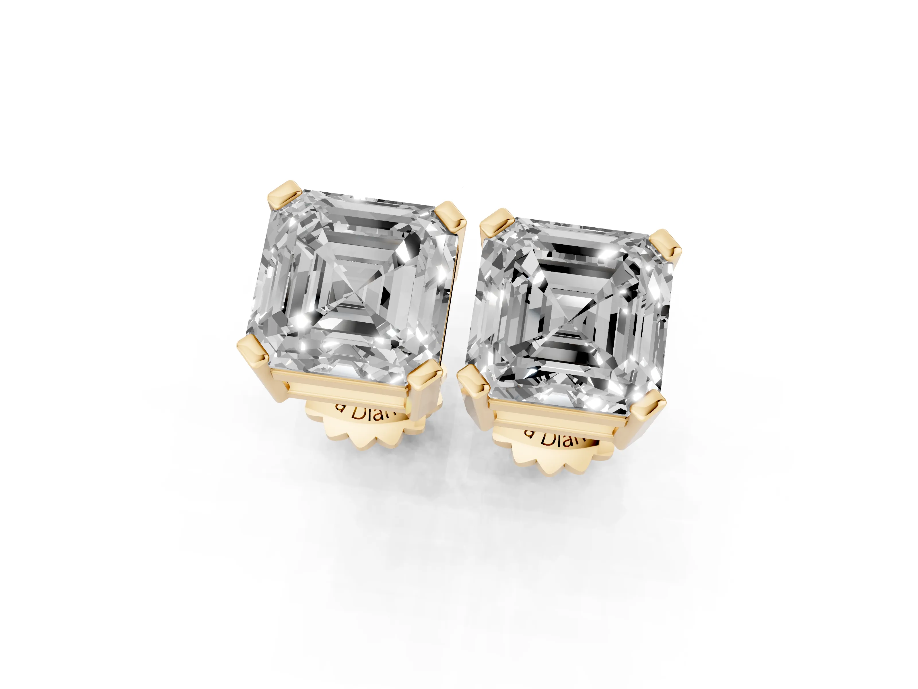 Asscher Cut Diamond Solitaire Stud Earrings Set in Yellow gold with Basket Setting