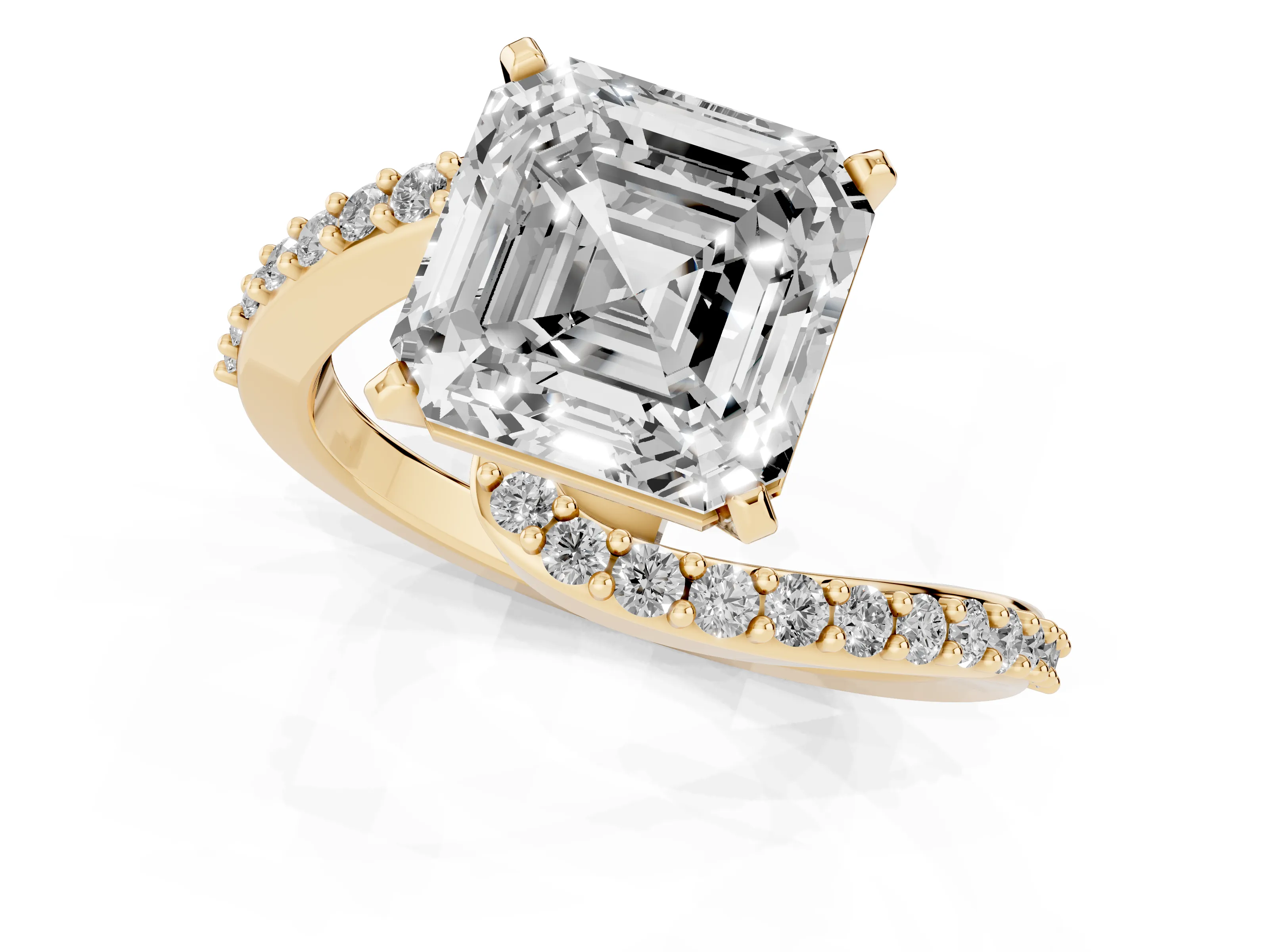 Asscher Cut Diamond Solitaire Ring Set in Yellow gold with Pavé Twist Band and Prong Setting