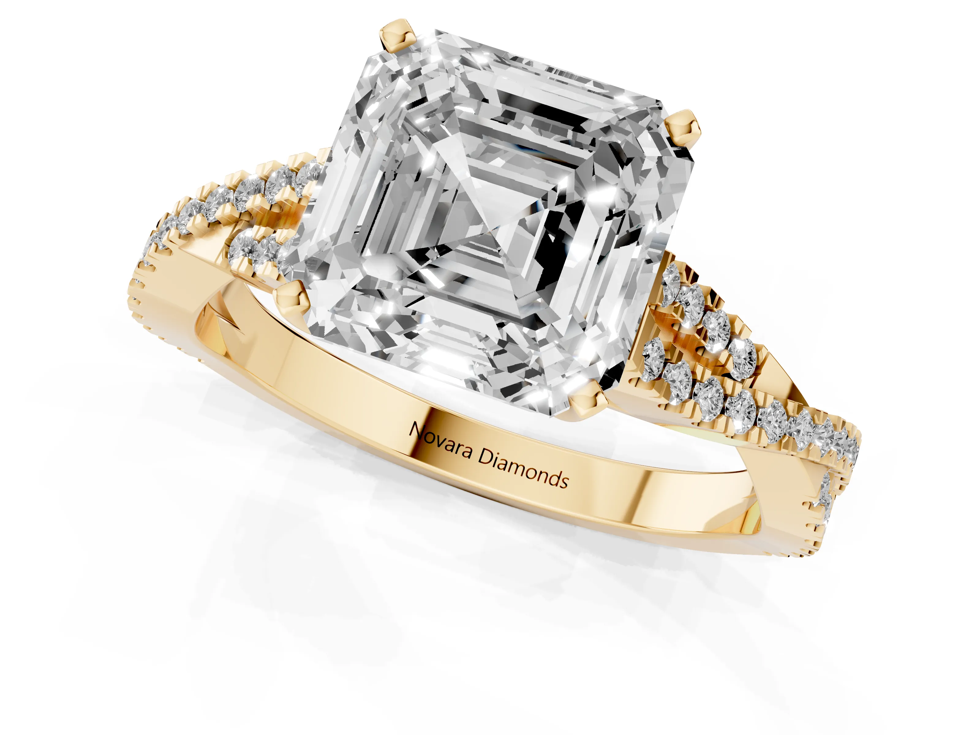 Asscher Cut Diamond Solitaire Engagement Ring Set in Yellow gold with Twisted Pavé Band and Prong Setting