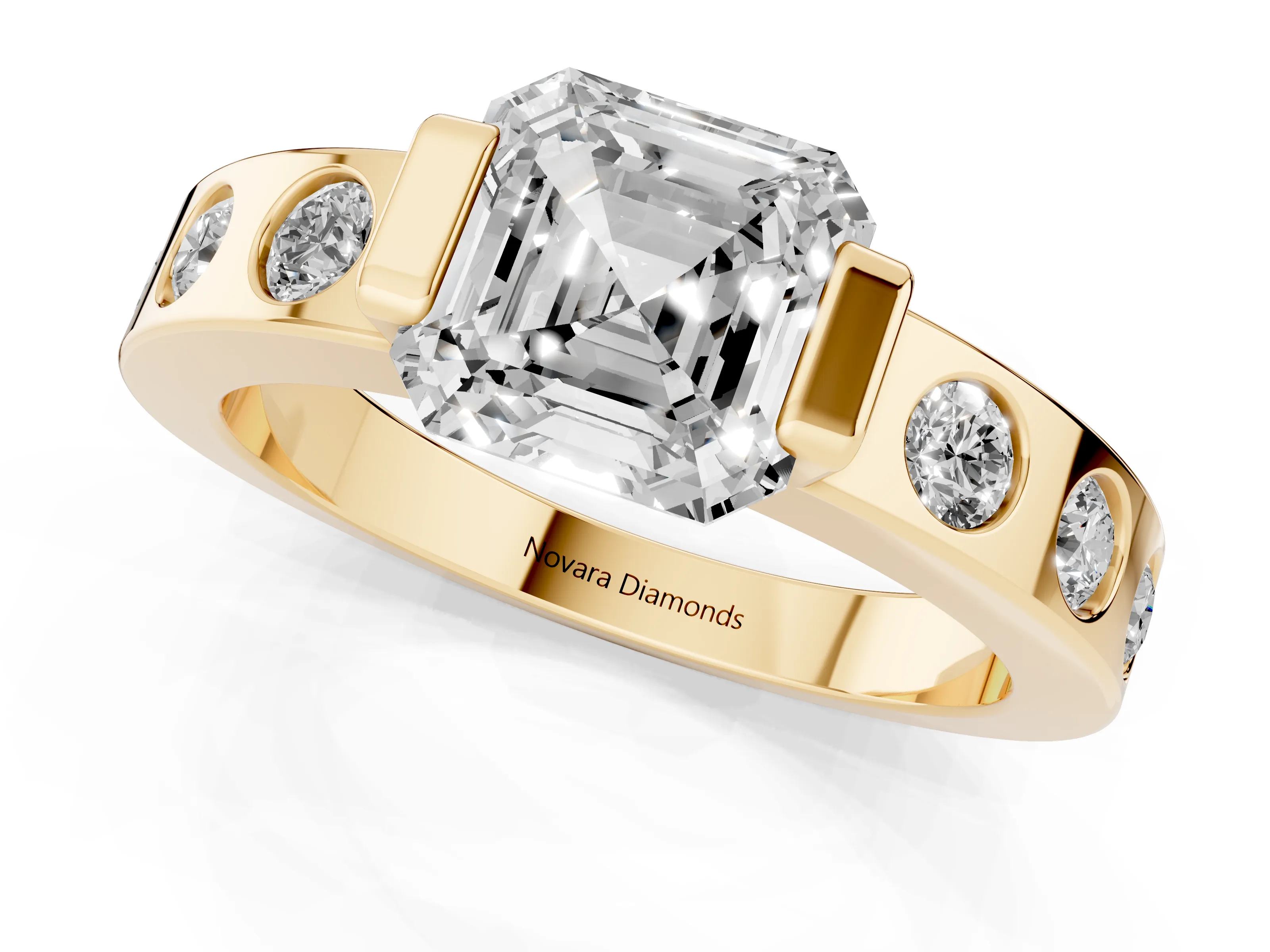 Asscher Cut Diamond Channel-Set Band Ring Set in Yellow gold with Bezel Prong Setting