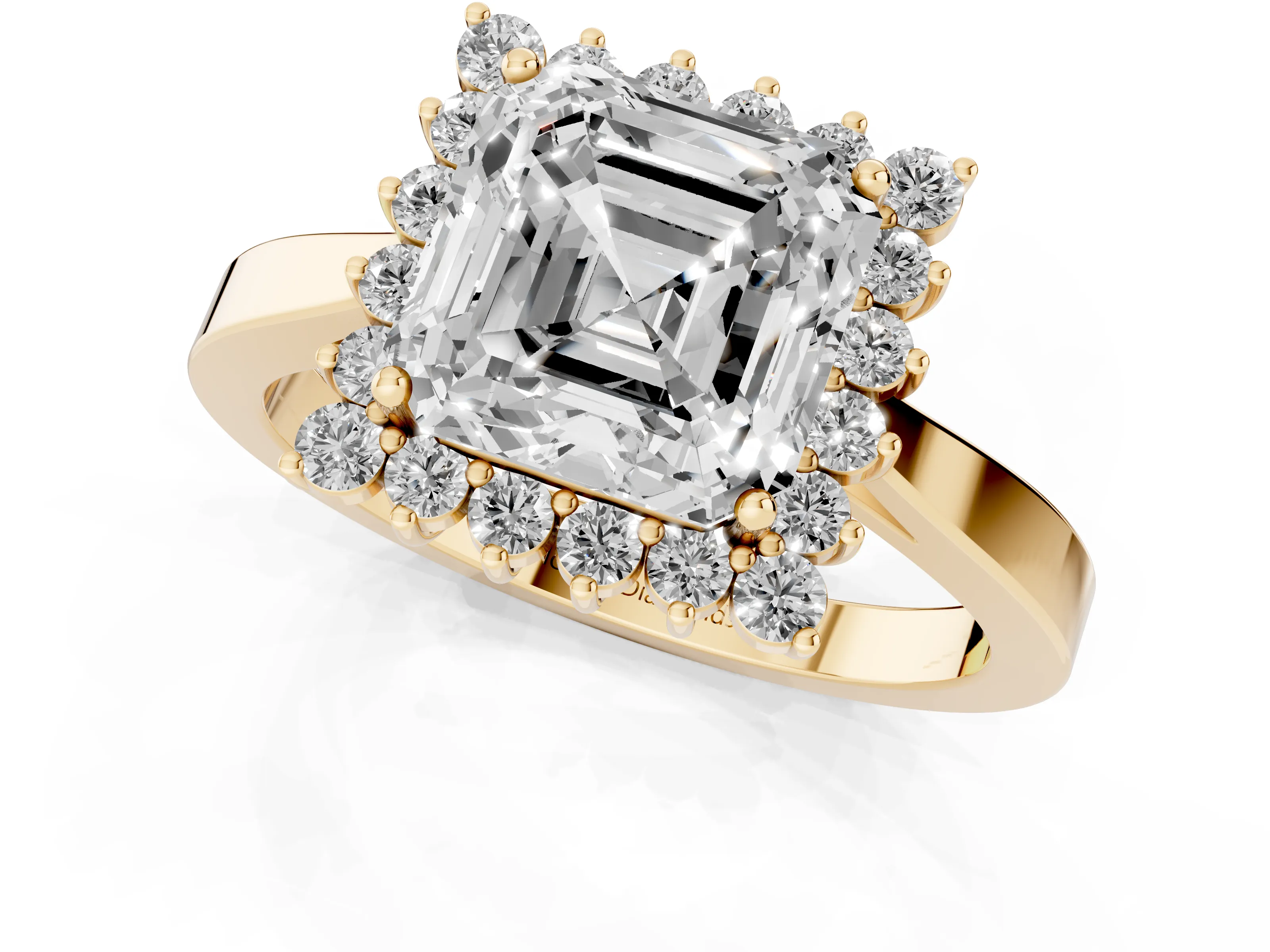 Asscher Cut Diamond Halo Ring Set in Yellow gold with Round Halo and Smooth Solitaire Band