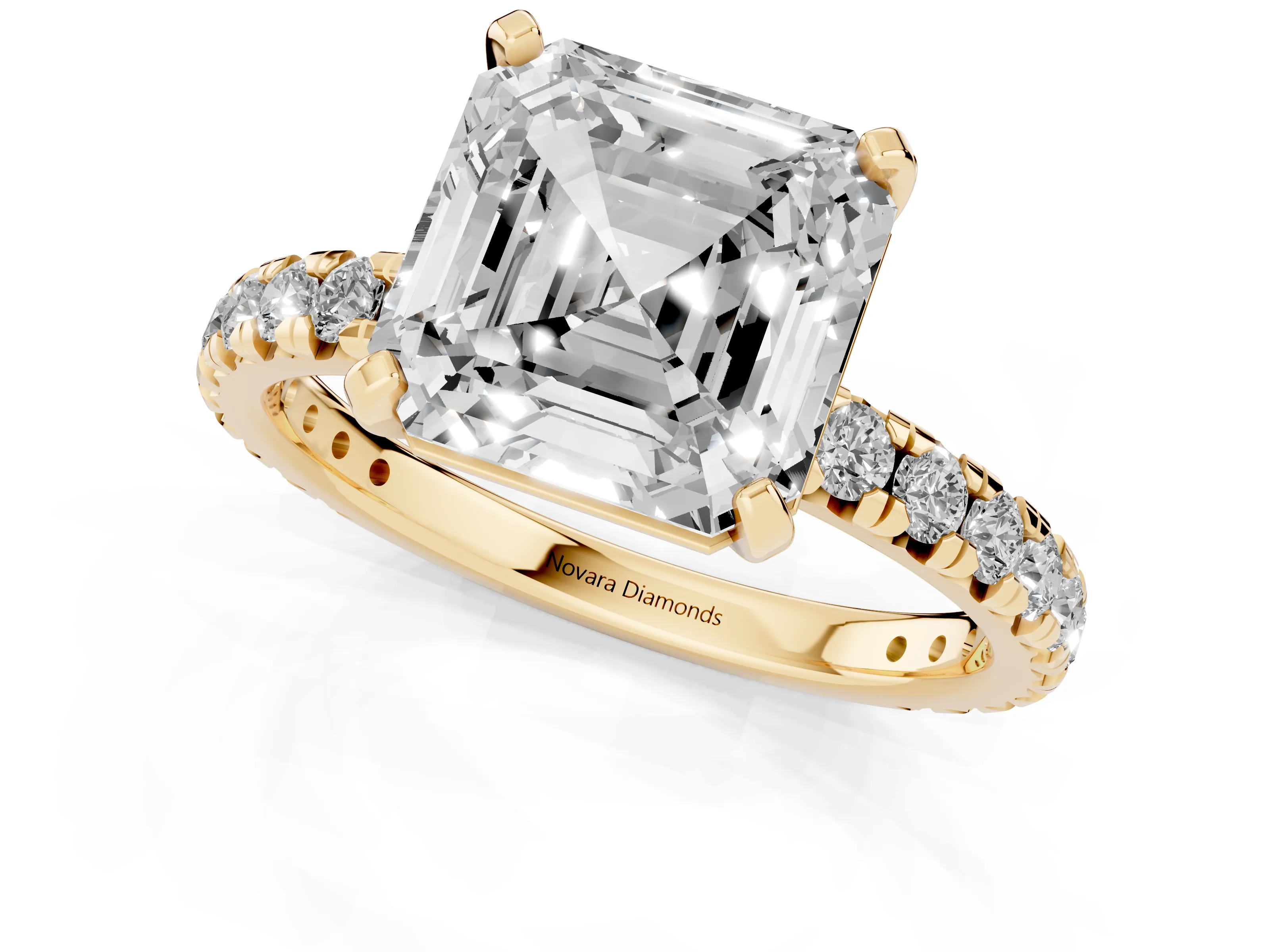 Asscher Cut Diamond Pavé Solitaire Ring Set in Yellow gold with Round Band and Prong Setting – second view