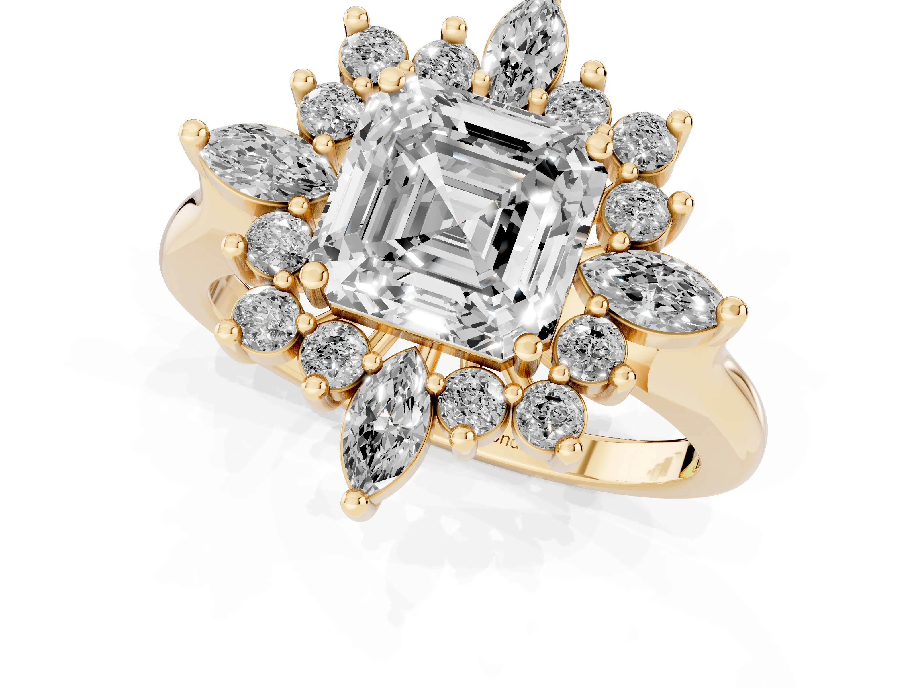 Asscher Cut Diamond Cluster Halo Ring Set in Yellow gold with Marquise and Round Accents