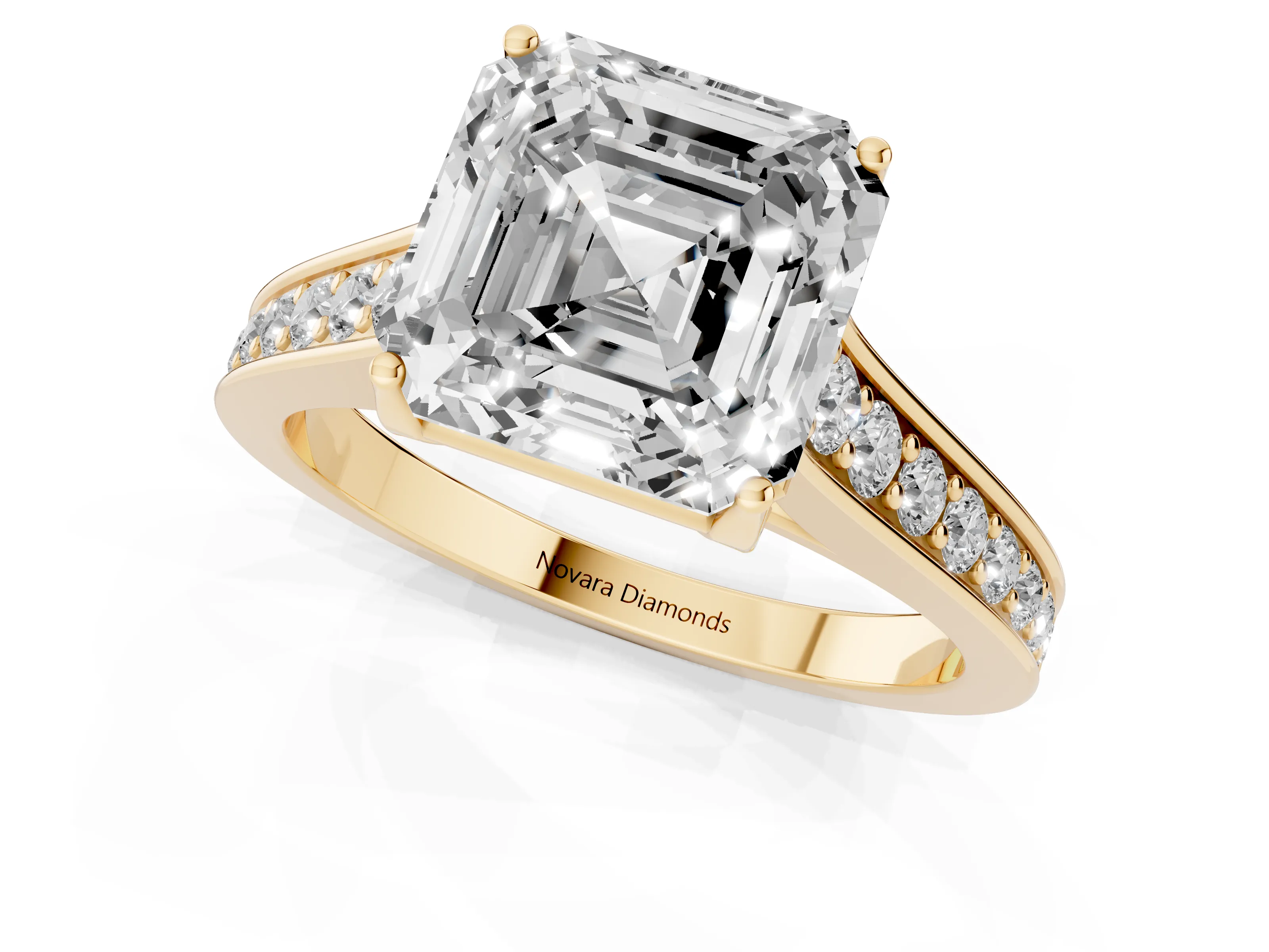 Asscher Cut Diamond Solitaire Pavé Engagement Ring Set in Yellow gold with Prong Setting