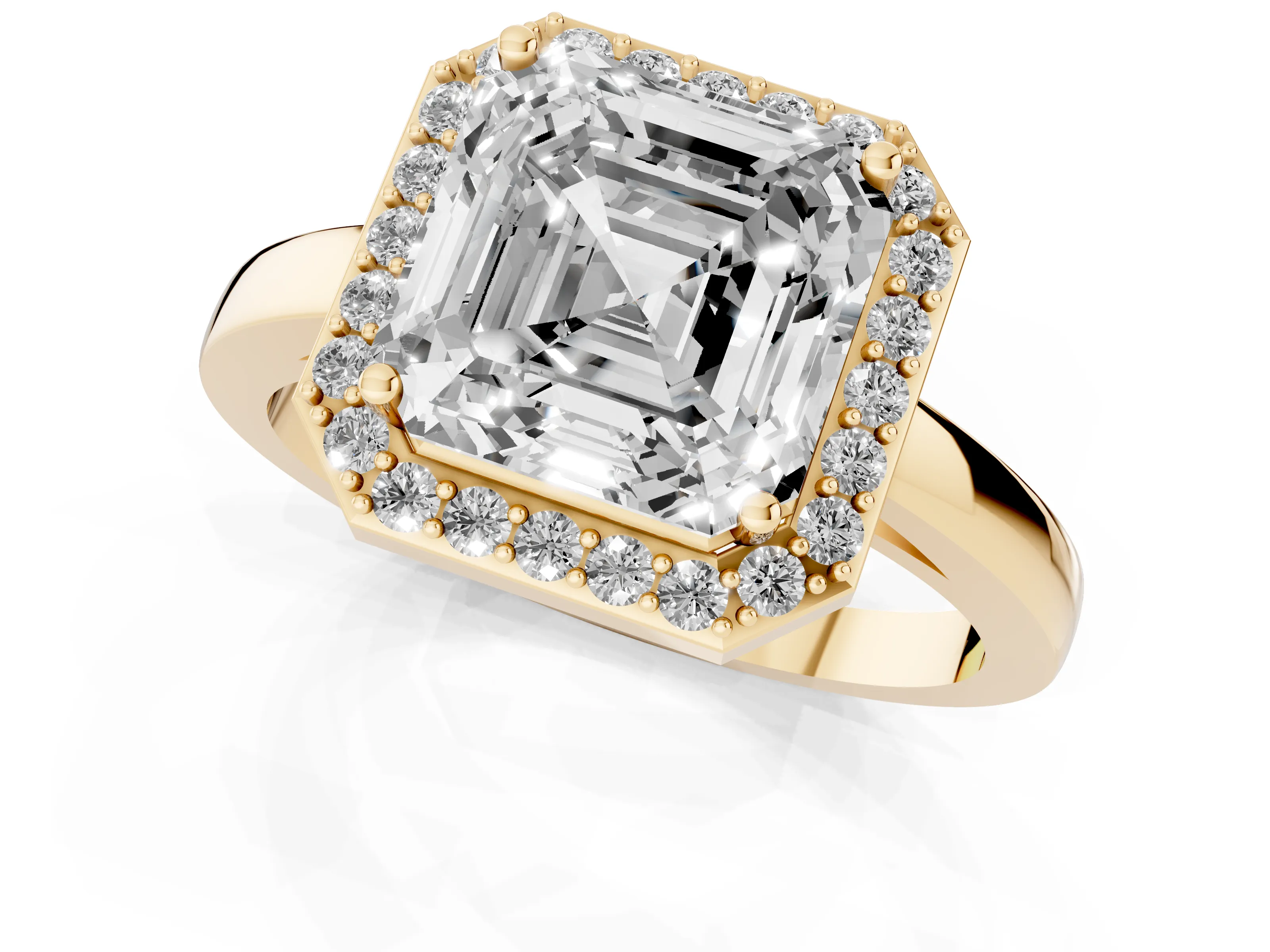 Asscher Cut Diamond Halo Ring Set in Yellow gold with Solitaire Band and Prong Setting
