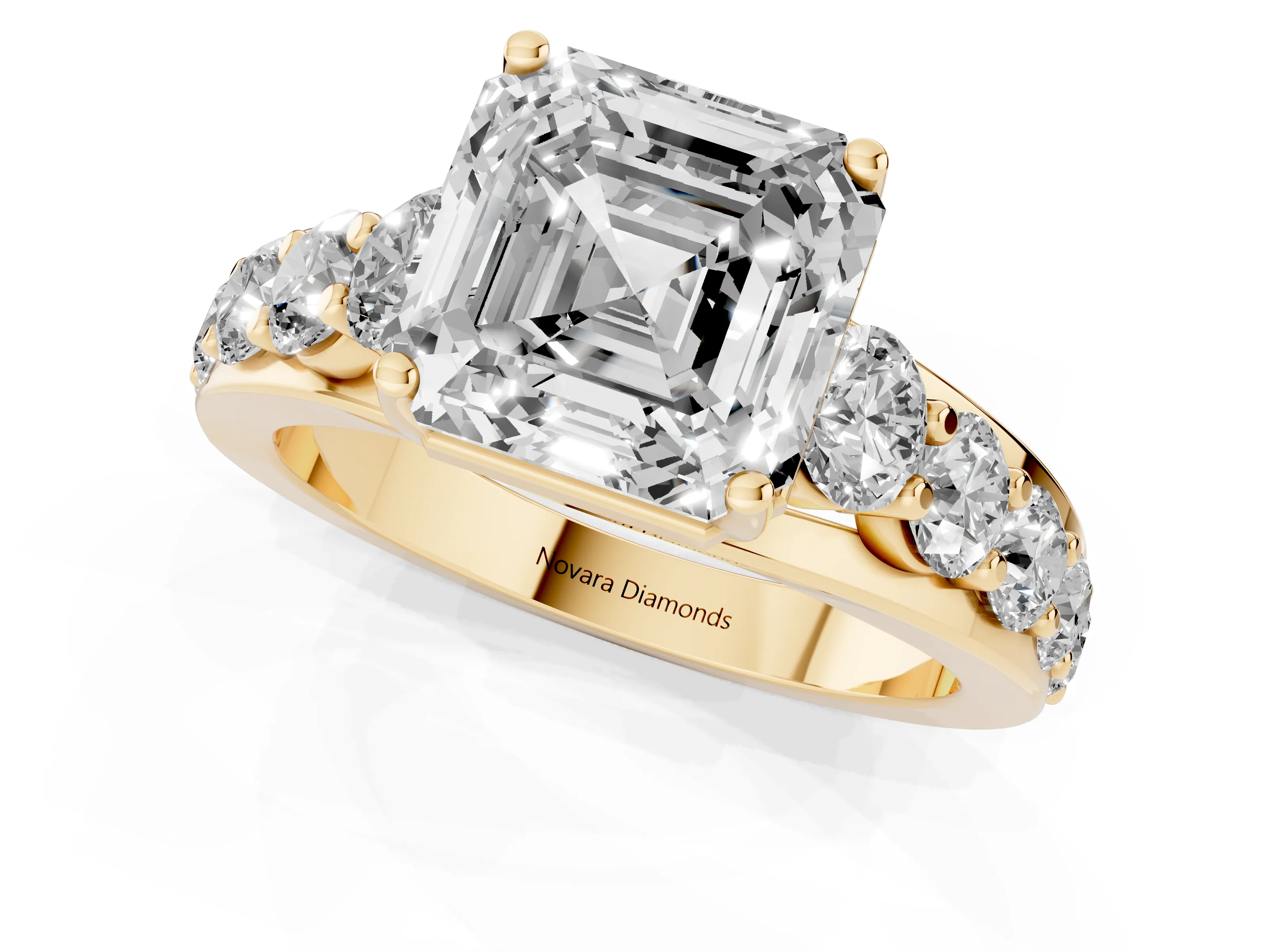Asscher Cut Diamond Pavé Engagement Ring Set in Yellow gold with Prong Setting
