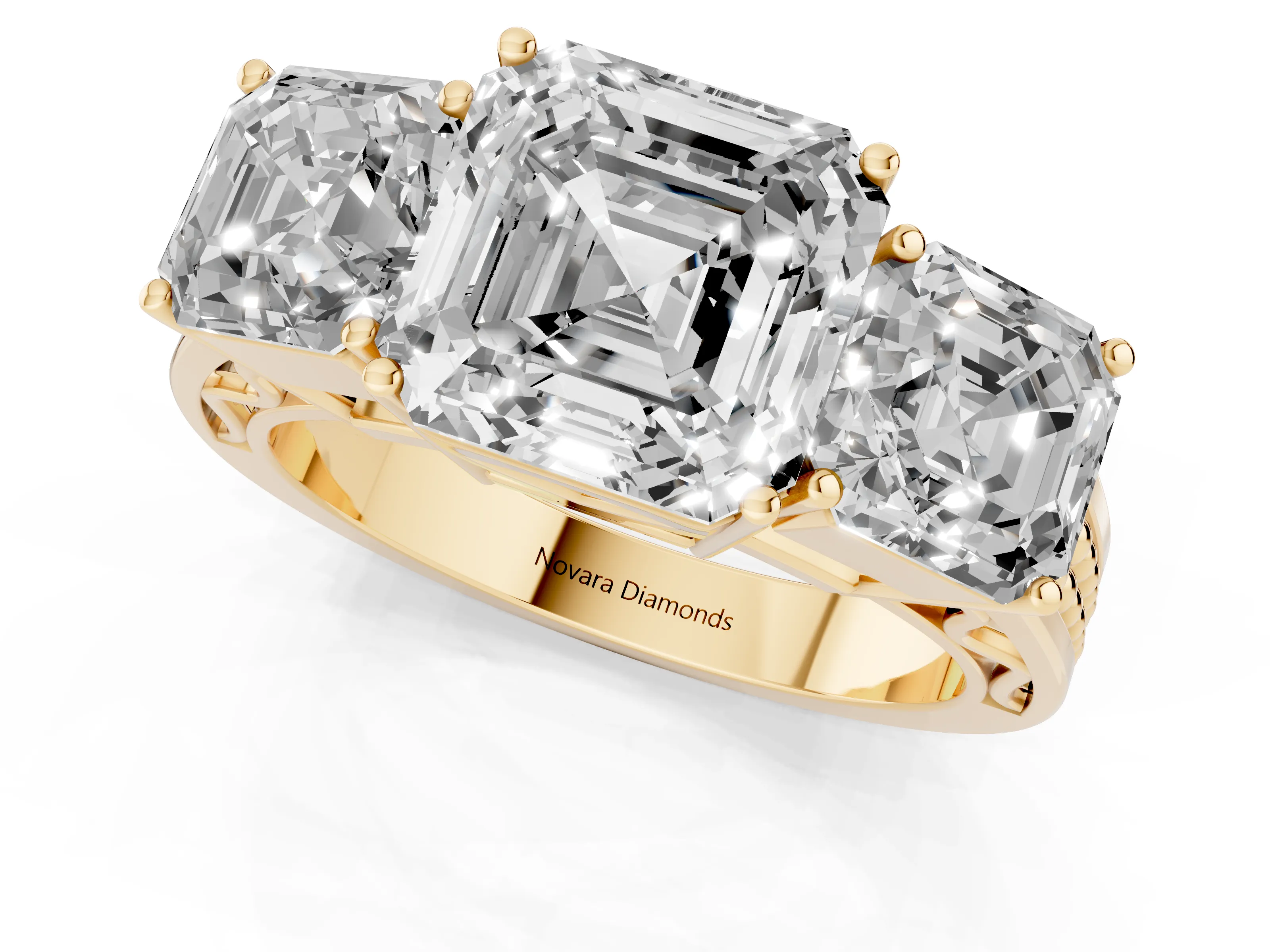 Asscher Cut Diamond Three-Stone Ring Set in Yellow gold with Textured Band