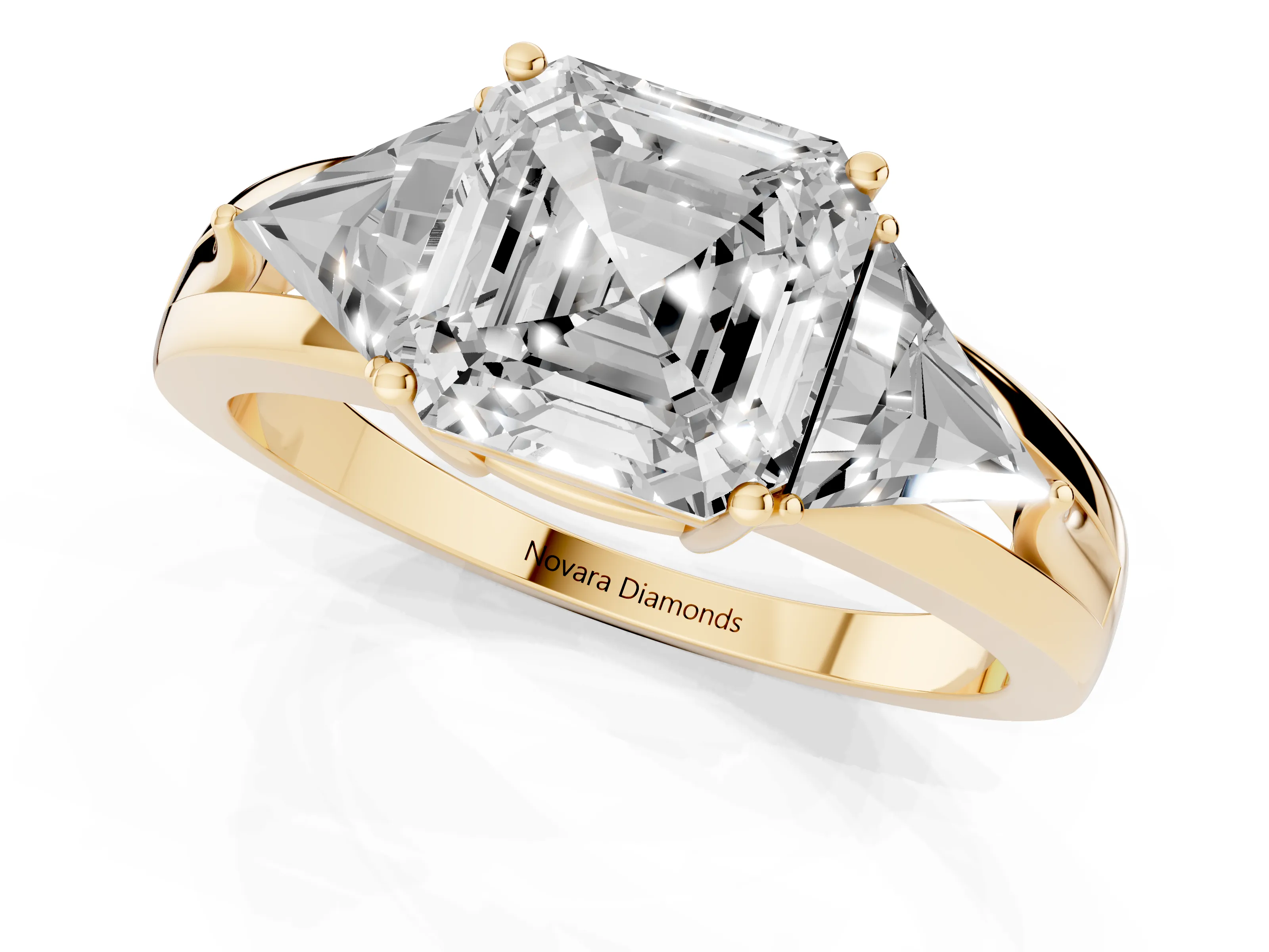 Asscher Cut Diamond Three-Stone Ring Set in Yellow gold with Trillion Side Stones and Split Shank