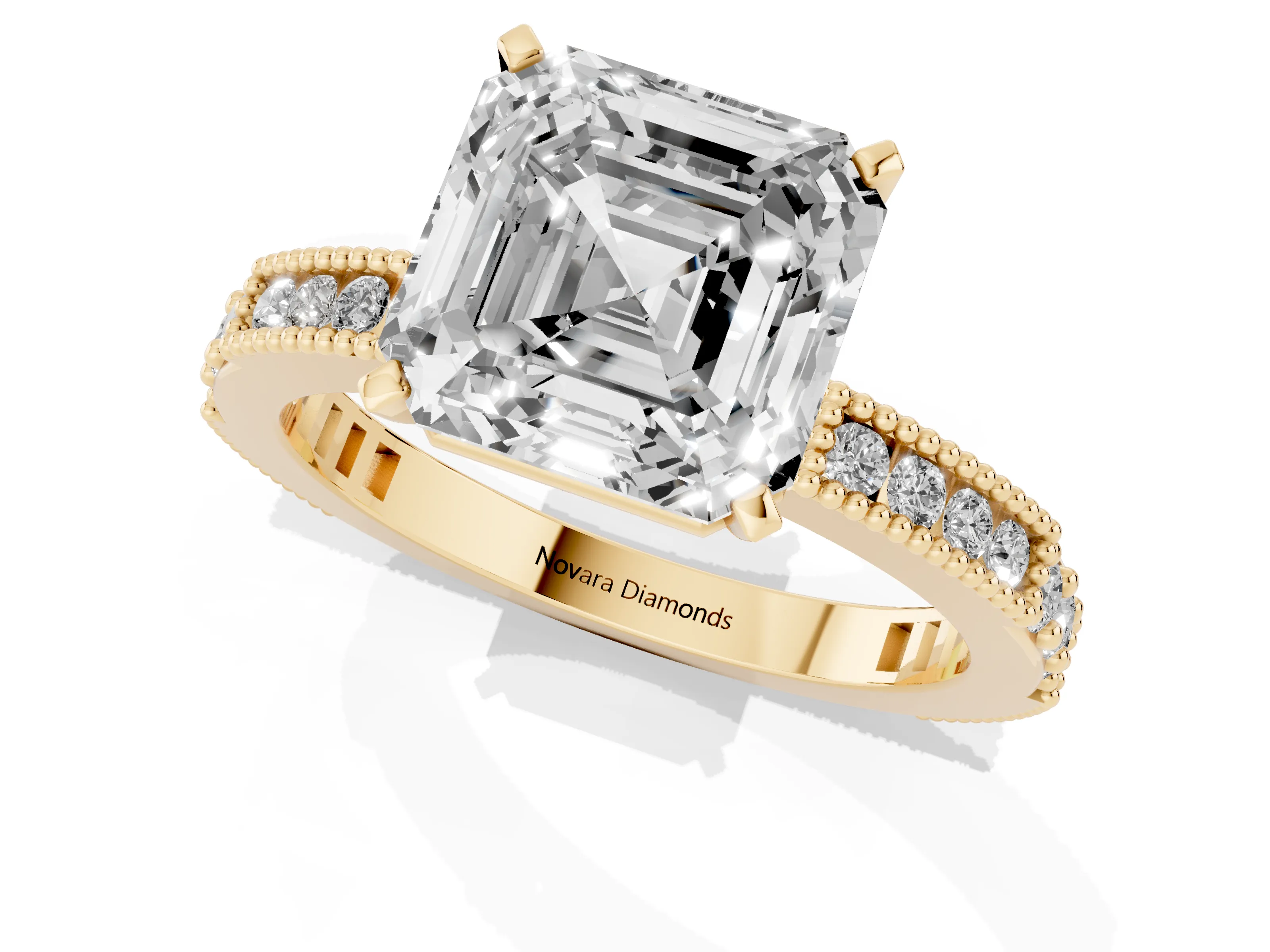 Asscher Cut Diamond Solitaire Ring Set in Yellow gold with Slim Pavé Band and Prong Setting