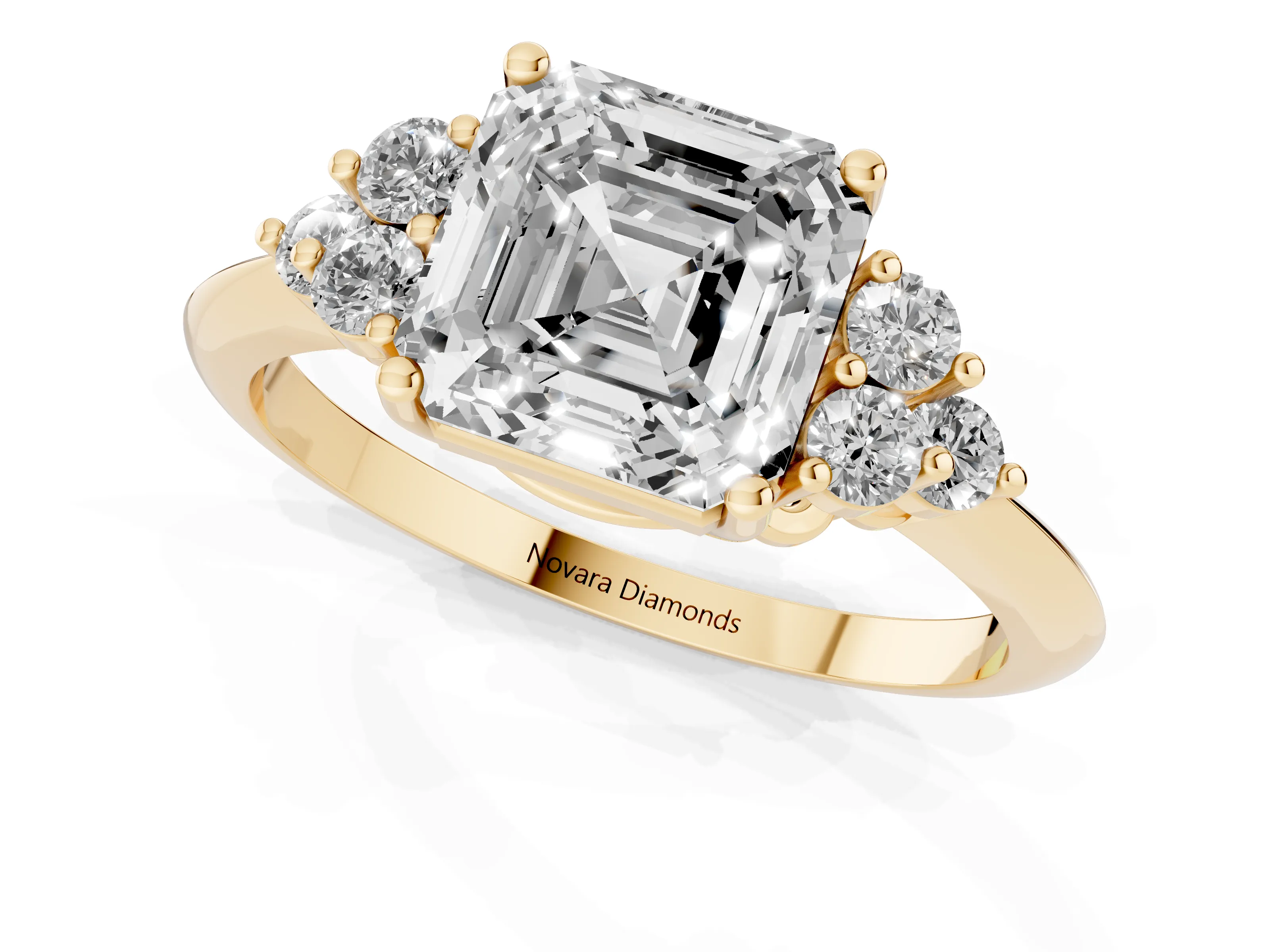 Asscher Cut Diamond Cluster Ring Set in Yellow gold with Plain Band and Prong Setting