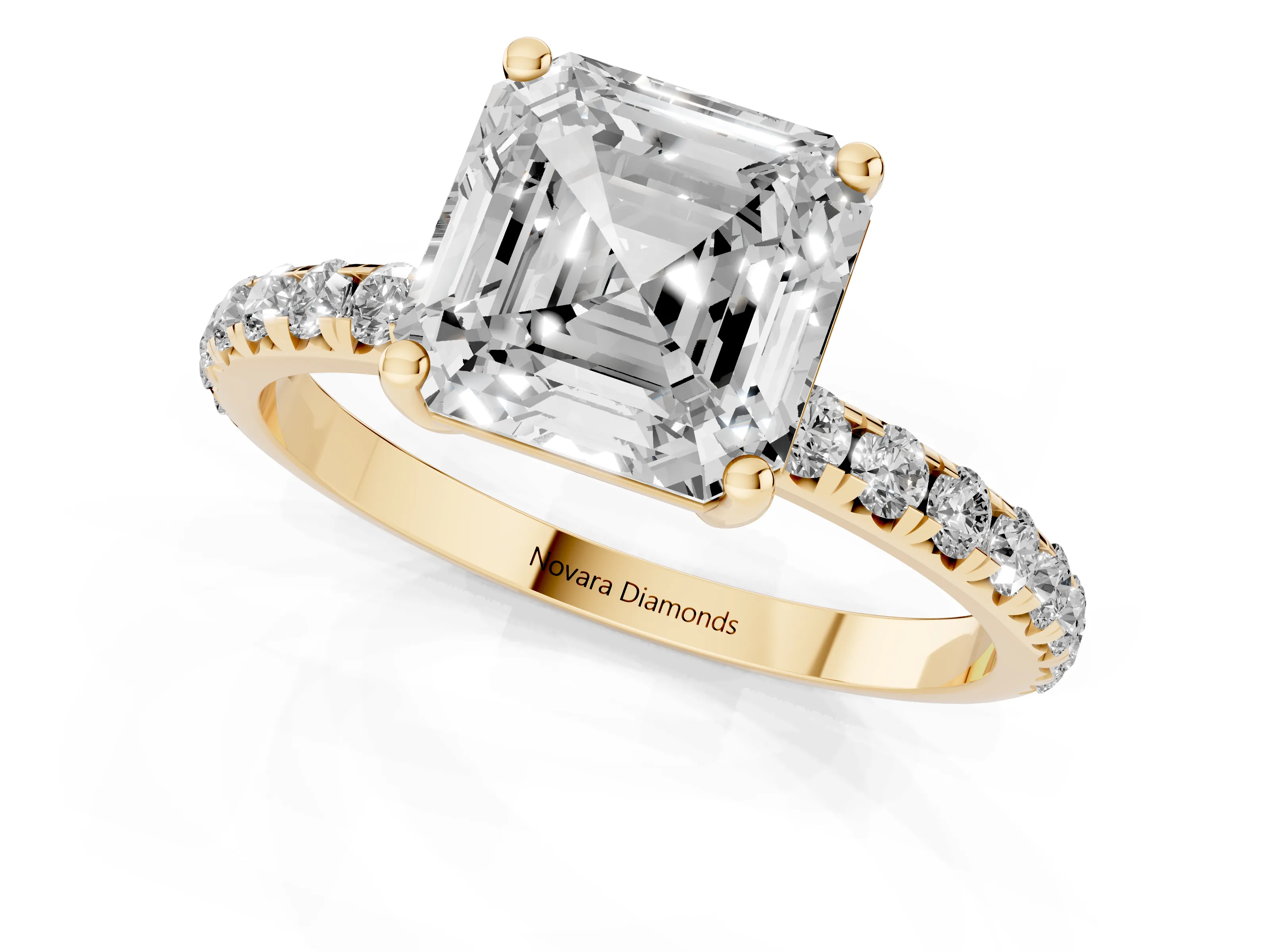 Asscher Cut Diamond Solitaire Ring Set in Yellow gold with Micro Pavé Band and Prong Setting – second view