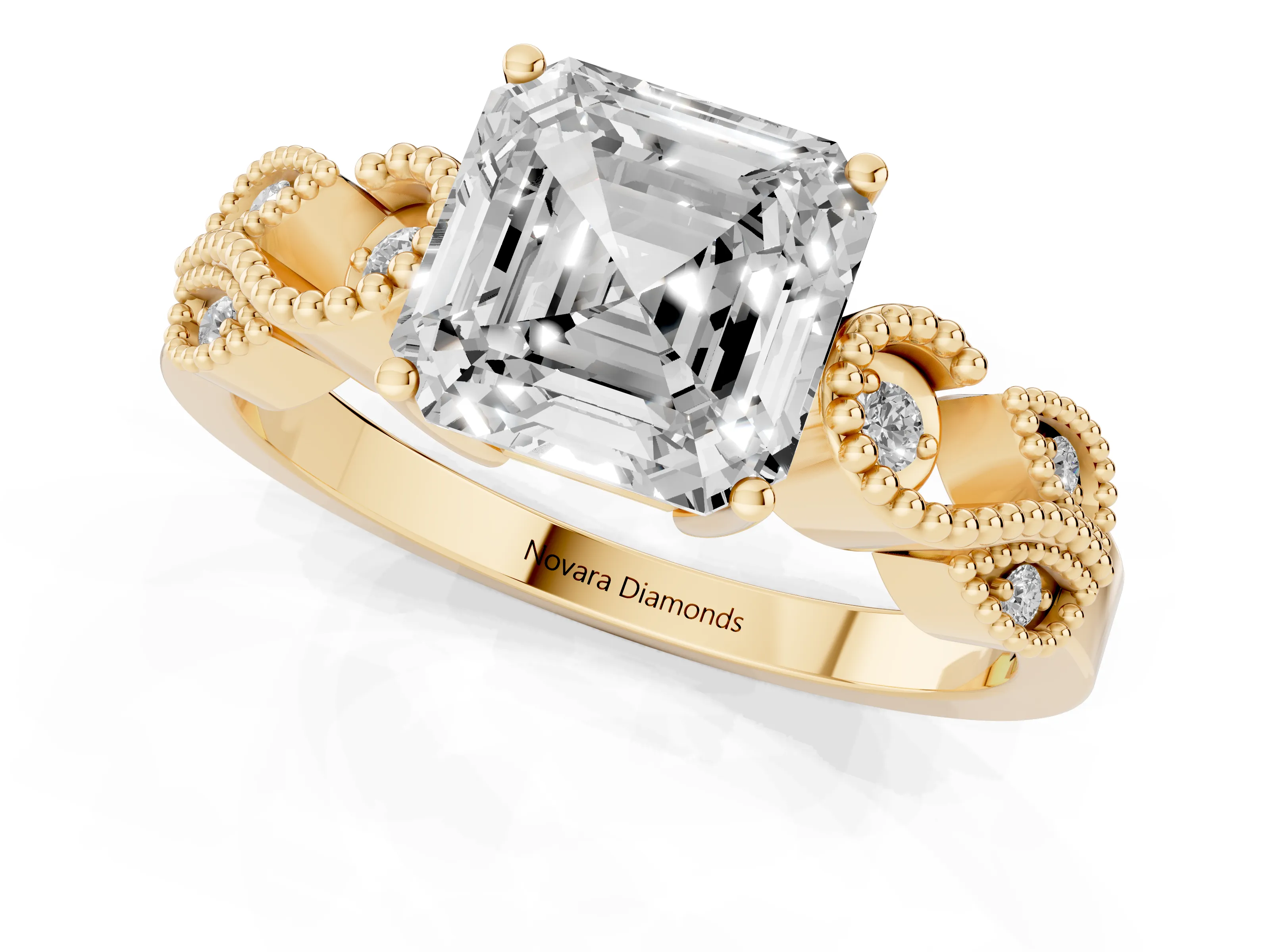 Asscher Cut Diamond Milgrain Leaf Band Solitaire Ring Set in Yellow gold with Accent Stones and Prong Setting – second view