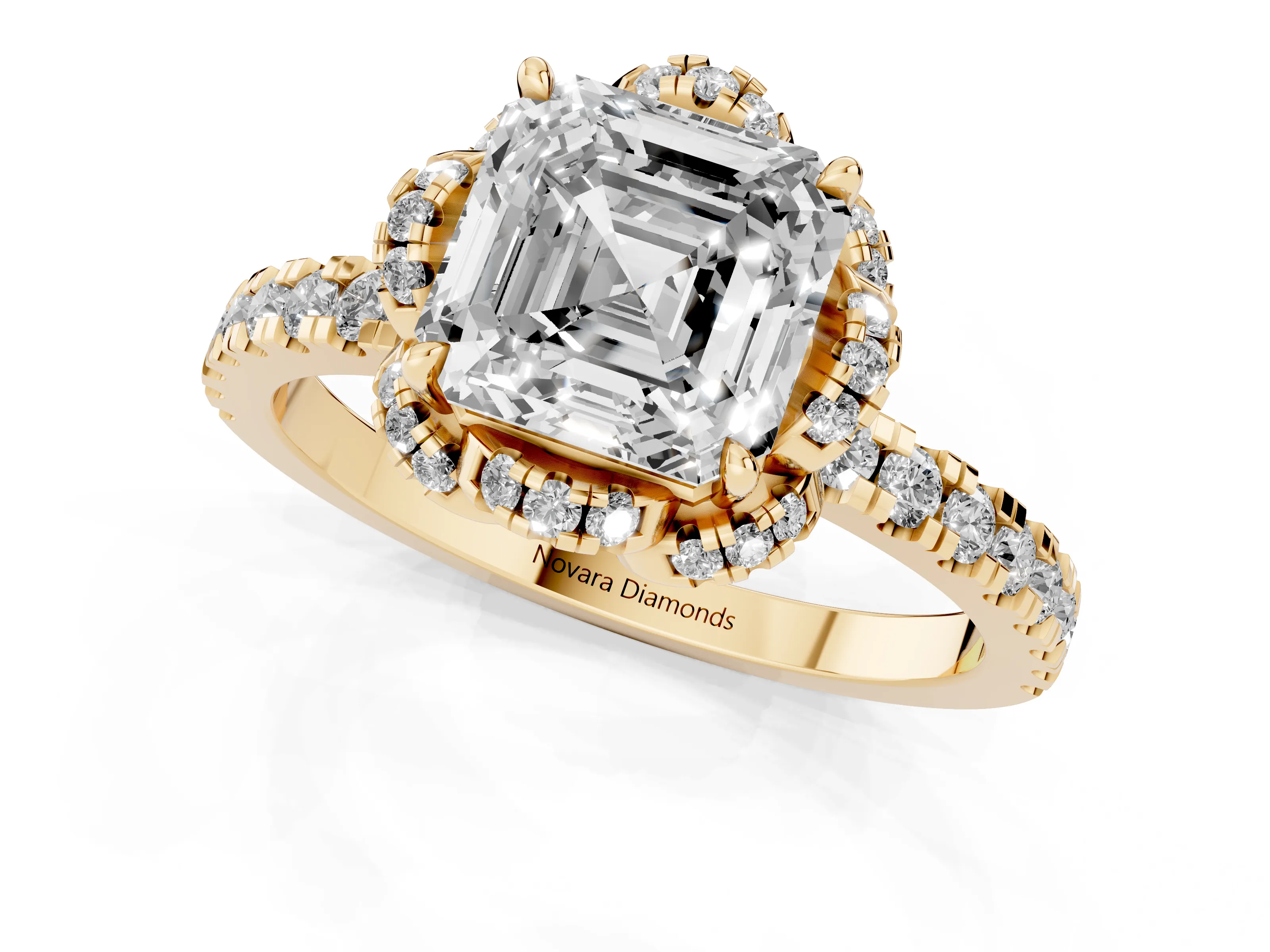 Asscher Cut Diamond Halo Pavé Band Ring Set in Yellow gold with Prong-Held Center