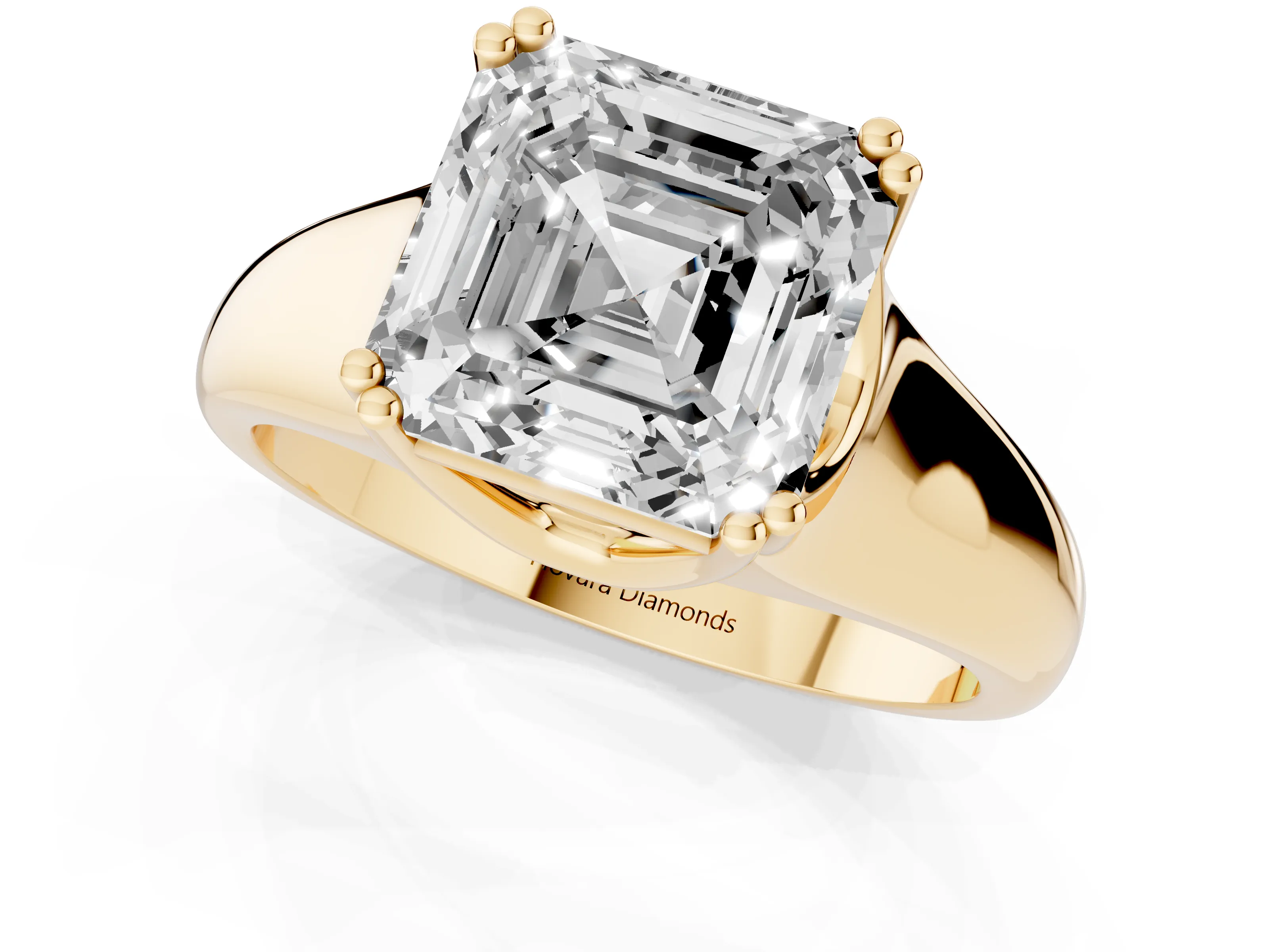 Asscher Cut Diamond Solitaire Ring Set in Yellow gold with Wide Band and Prong Setting