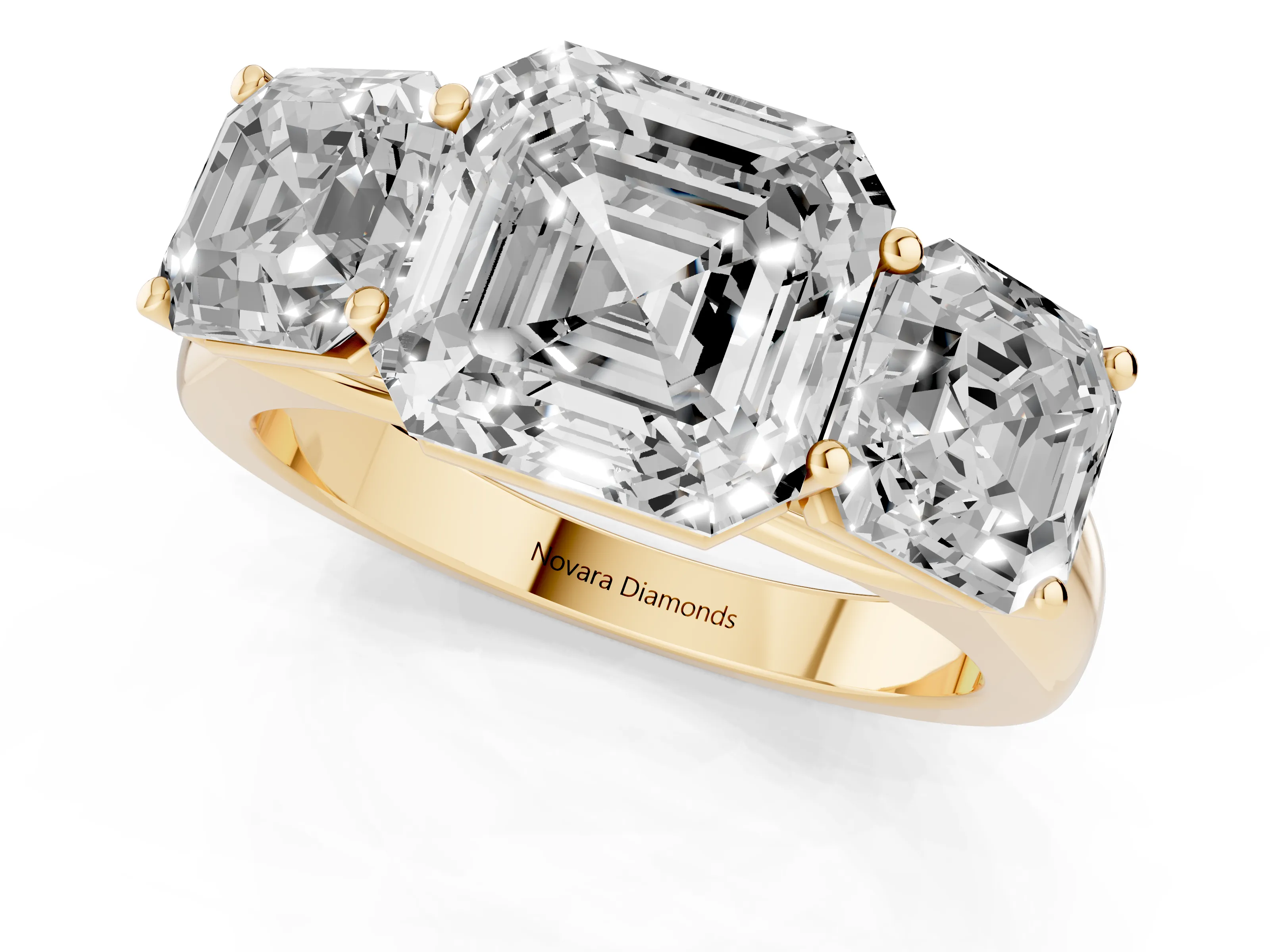 Asscher Cut Diamond Three-Stone Ring Set in Yellow gold with Plain Polished Band