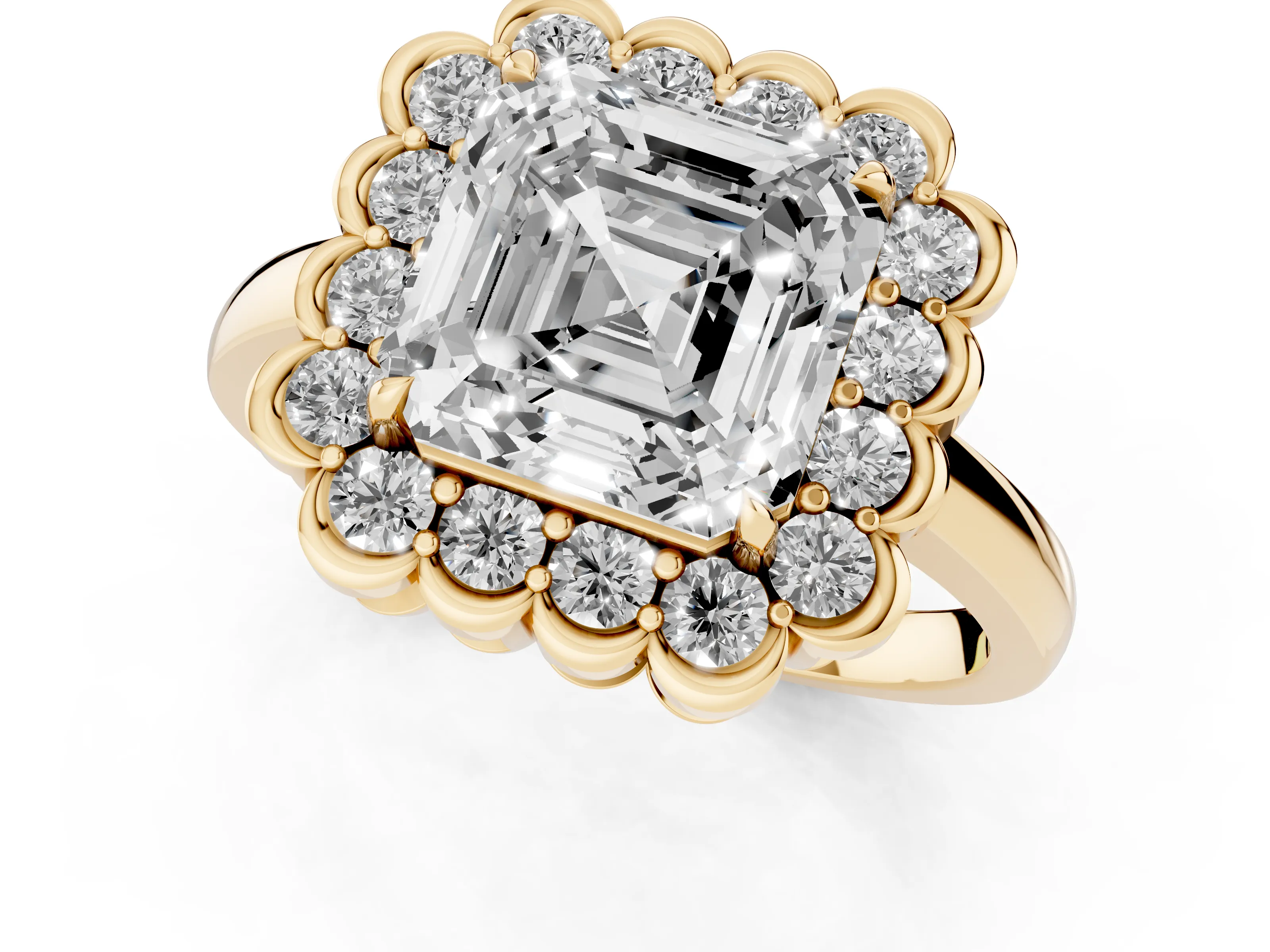 Asscher Cut Diamond Halo Cluster Engagement Ring Set in Yellow gold with Solitaire Band and Prong Setting – second view