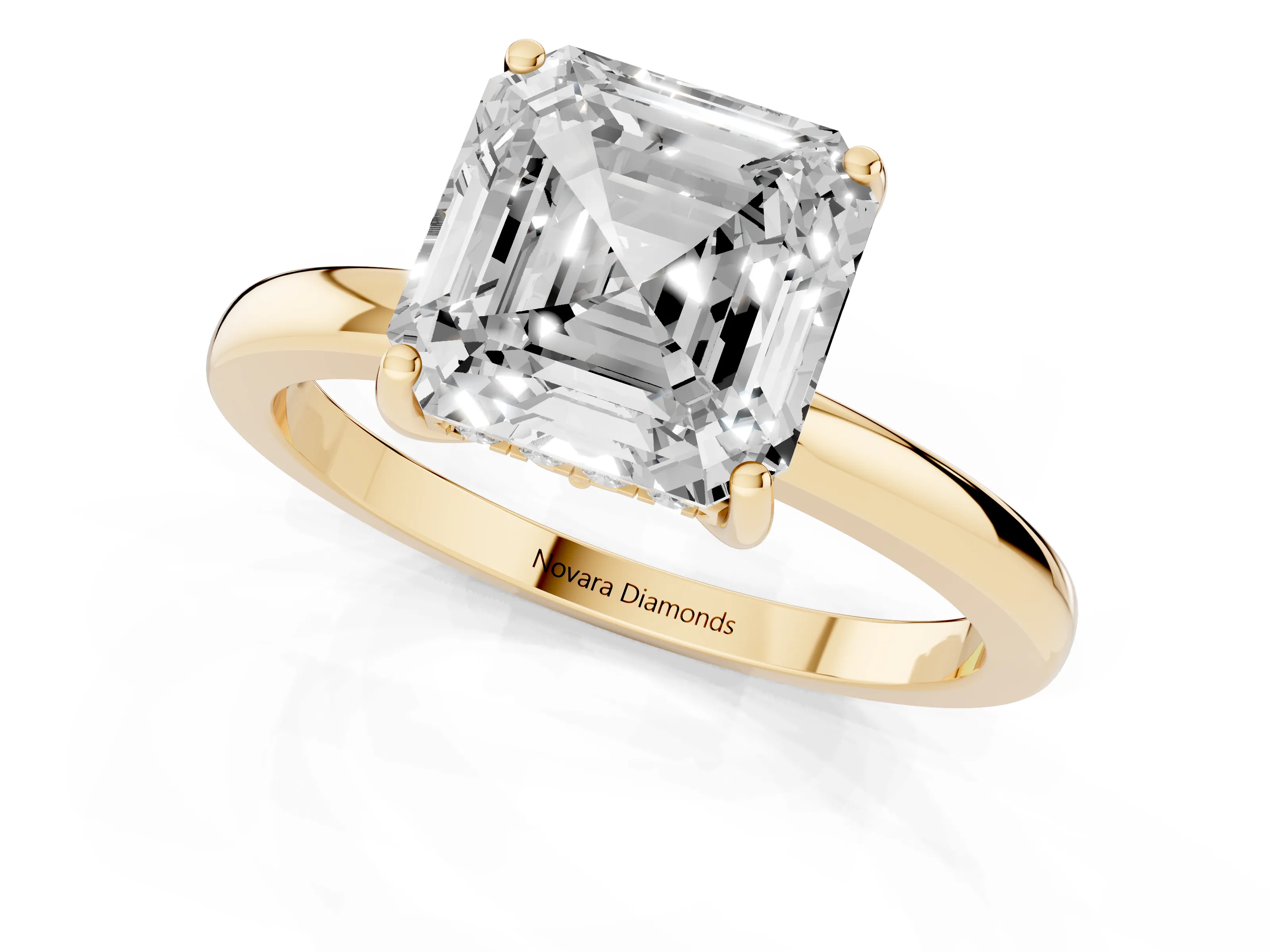 Asscher Cut Diamond Solitaire Ring Set in Yellow gold with Plain Band and Prong Setting
