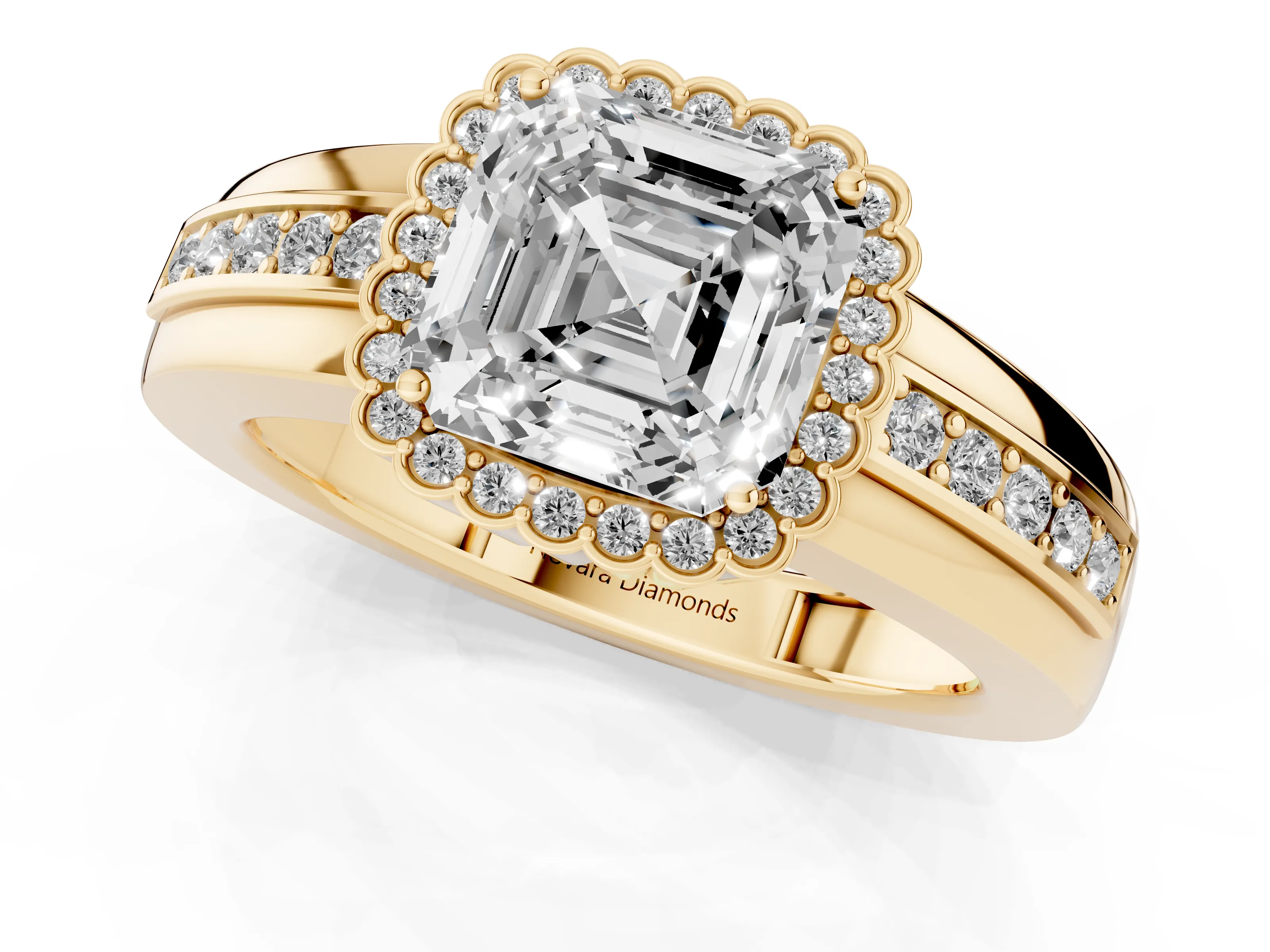Asscher Cut Diamond Halo Prong Ring Set in Yellow gold with Pavé Band