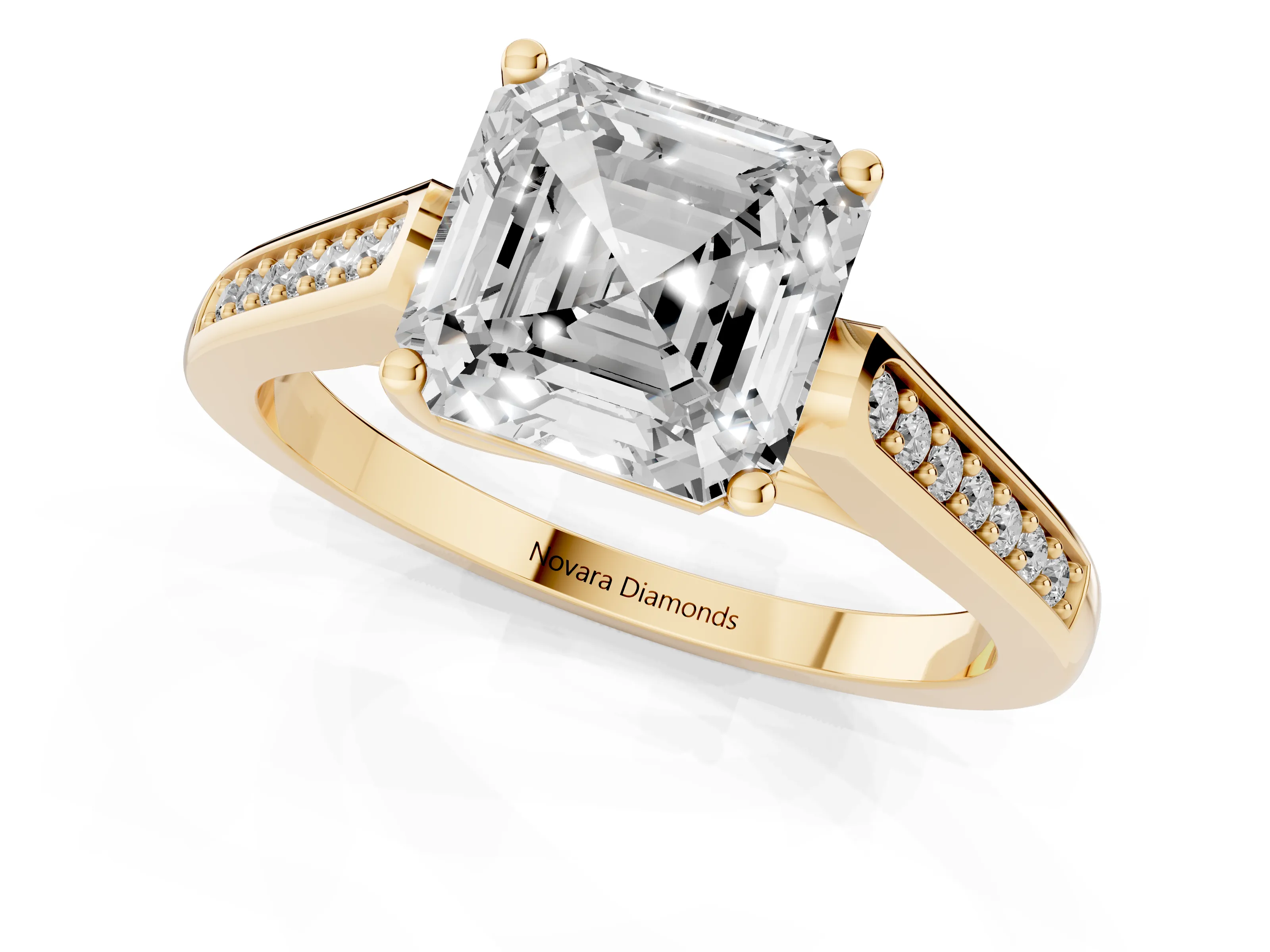 Asscher Cut Diamond Solitaire Cathedral Engagement Ring Set in Yellow gold with Channel-Set Band and Prong Setting