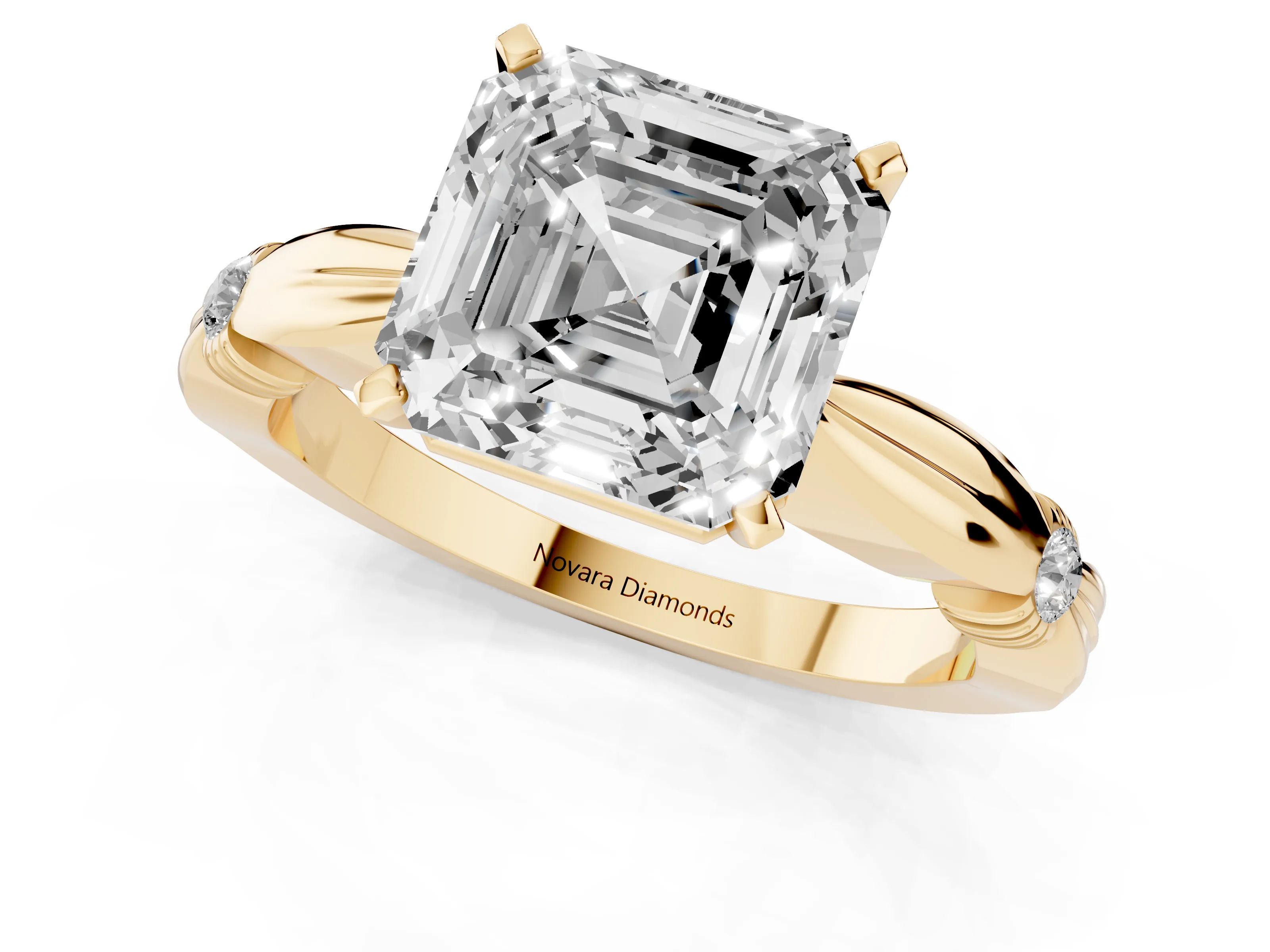 Asscher Cut Diamond Solitaire Twisted Band Ring Set in Yellow gold with Accent Stones and Prong Setting