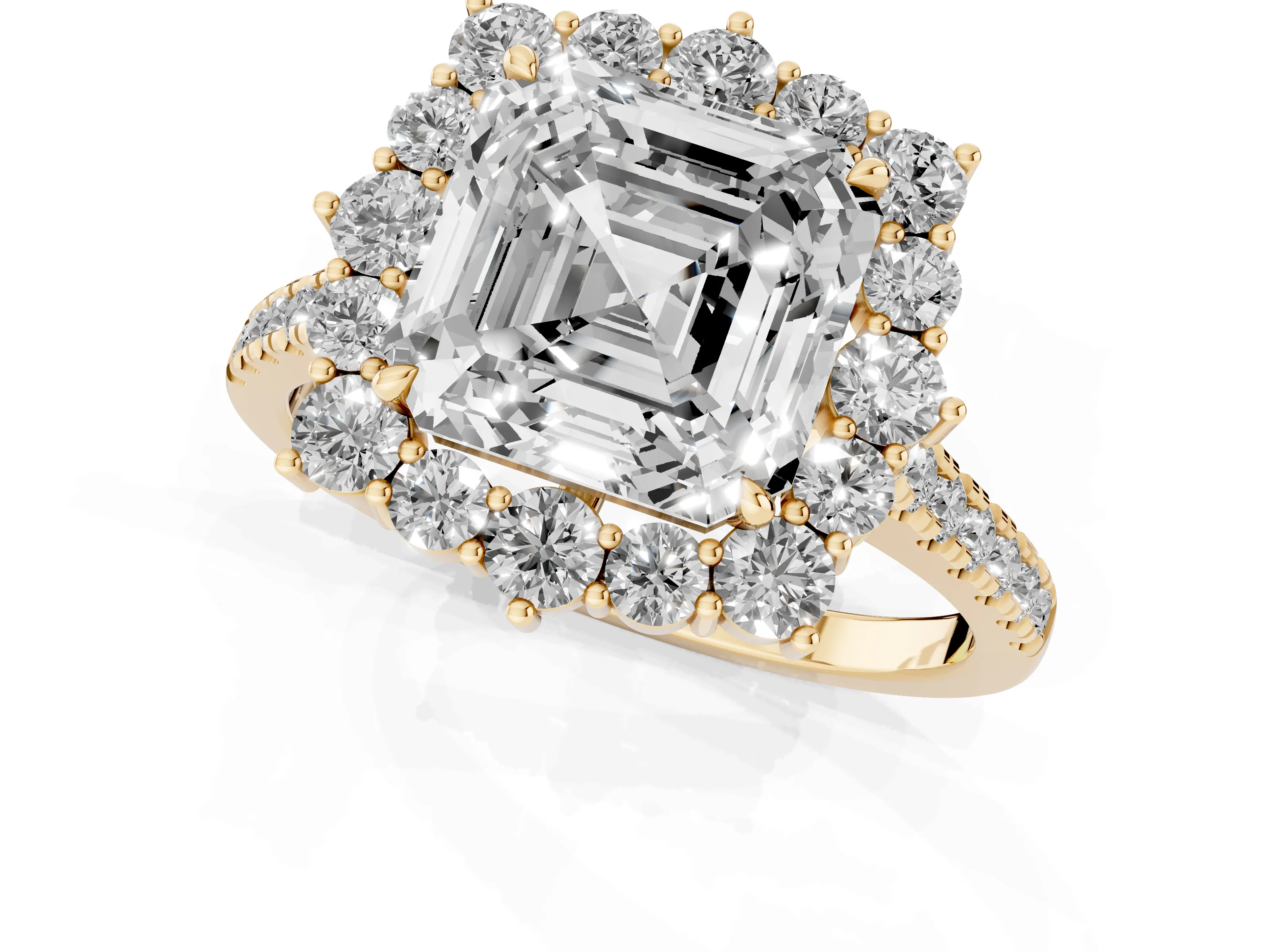 Asscher Cut Diamond Halo Ring Set in Yellow gold with Pavé Band and Prong Setting – second view